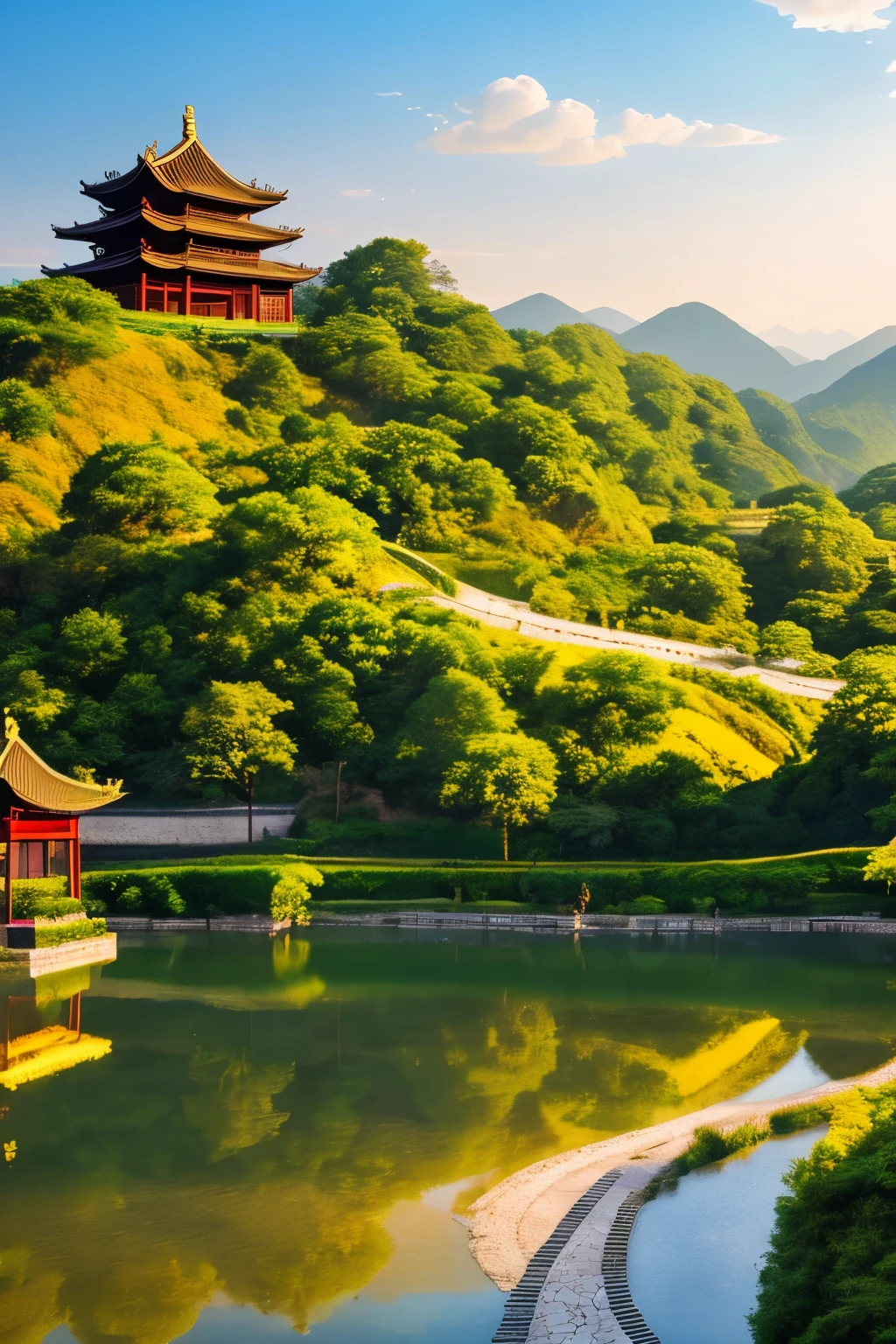 A scenic view of ancient China, 500 years ago, with intricately detailed temples and palaces, a bustling marketplace filled with vendors selling exotic wares, lush gardens adorned with blooming peonies and plum trees, all surrounded by rolling hills and serene waterways. The azure sky is dotted with delicate, wispy clouds, and the sun casts a warm, golden glow over the landscape. No humans are present, allowing the breathtaking beauty and history of the scene to take center stage.
[Masterpiece, extremely detailed CG Unity 8k wallpaper, scenery, outdoors, China, history, ancient, temples,