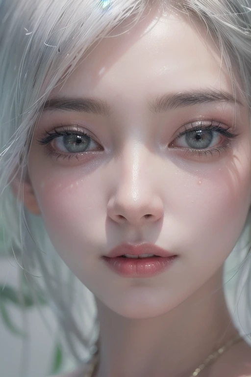 (masterpiece:1.3), (8k, Photorealistic, Raw photo, Best image quality: 1.4), Fair-skinned fairy woman、Long Haircut、Cleavage:2.0、Super detailed face、Attention to detail、double eyelid、Put your chest together、Sharp focus:1.2、Beautiful woman:1.4、Silvery white hair、highest quality、masterpiece、超A high resolution、(Photorealistic:1.4)、Highly detailed and professionally lit smile、Loose, light, futuristic clothing、Shoulder out、thin、Serious expression、Short-haired、Deadly position, gorgeous accessories, one person 