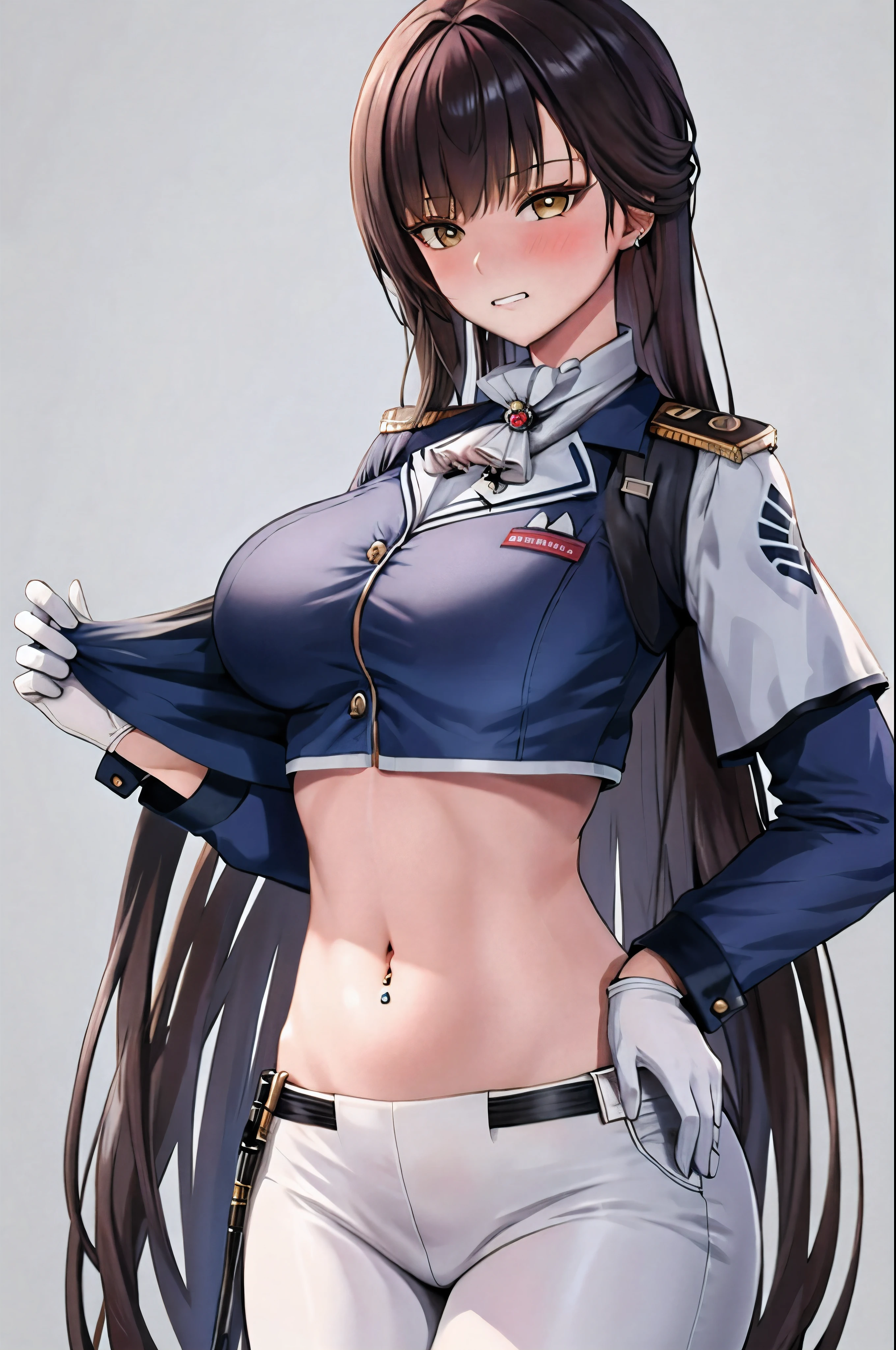 1girl, solo, long hair, looking at viewer, blush, (large breasts,wide hips), brown hair, shirt, black hair,  long sleeves, white background, navel, brown eyes, very long hair, underwear, yellow eyes, cowboy shot, teeth, midriff, pants, white gloves, stomach, bra, crop top, hand on hip, ascot, piercing, blue jacket, clenched teeth, black bra,marciana \(nikke\),shiny skin,(mature female:1.2), 