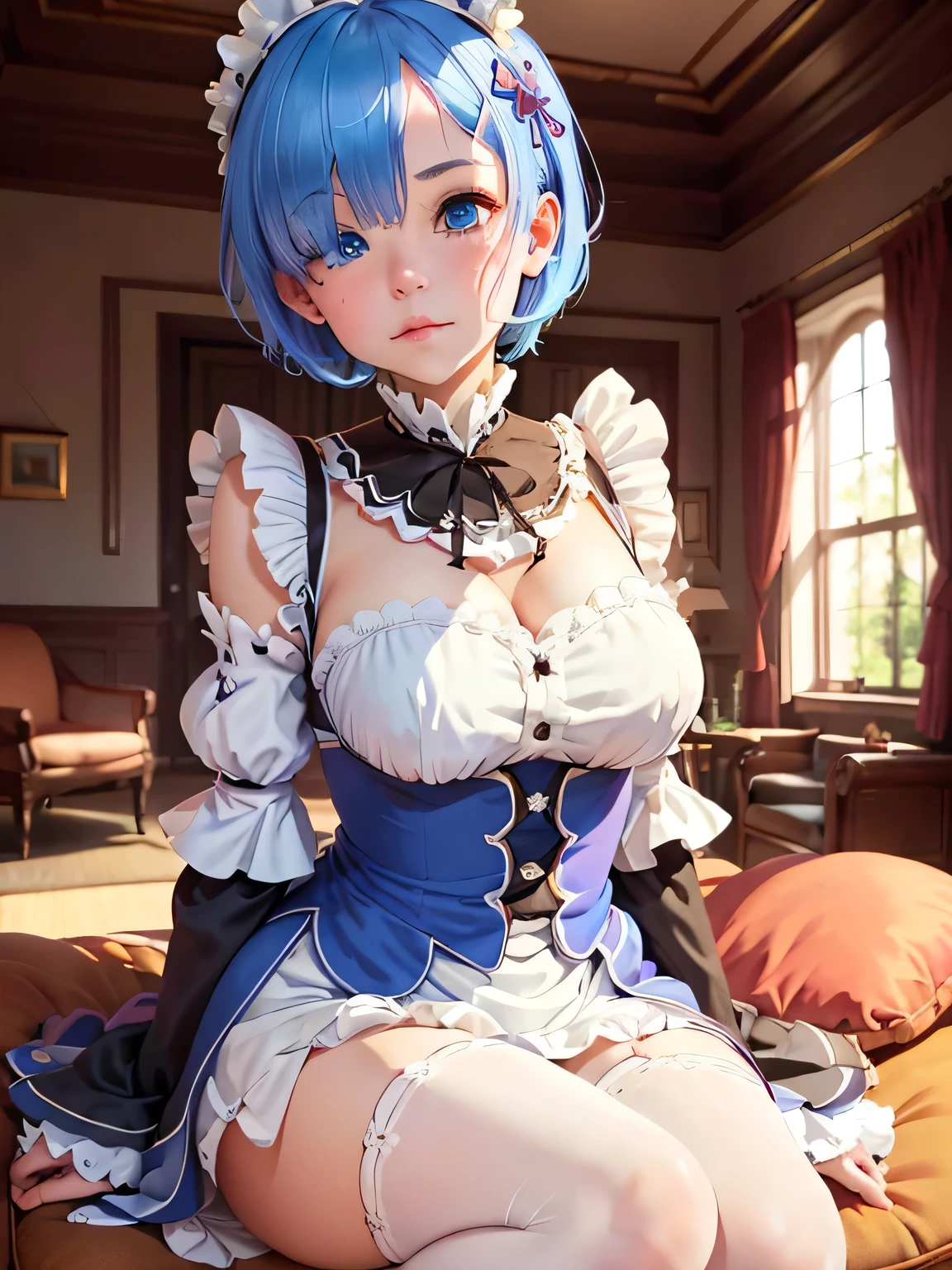 ((best quality)), ((masterpiece)), (detailed), rem_\(re:zero\), cute, round face, enchanting gaze, laying pose, blue hair, short hair, (hair over one eye:1.3), blue eyes, roswaal mansion maid uniform, white pantyhose:1.2, head tilt, on a sofa, whole body, looking at viewer, (bored, tired:1.1), closed mouth, living room, (high-resolution:1.2)