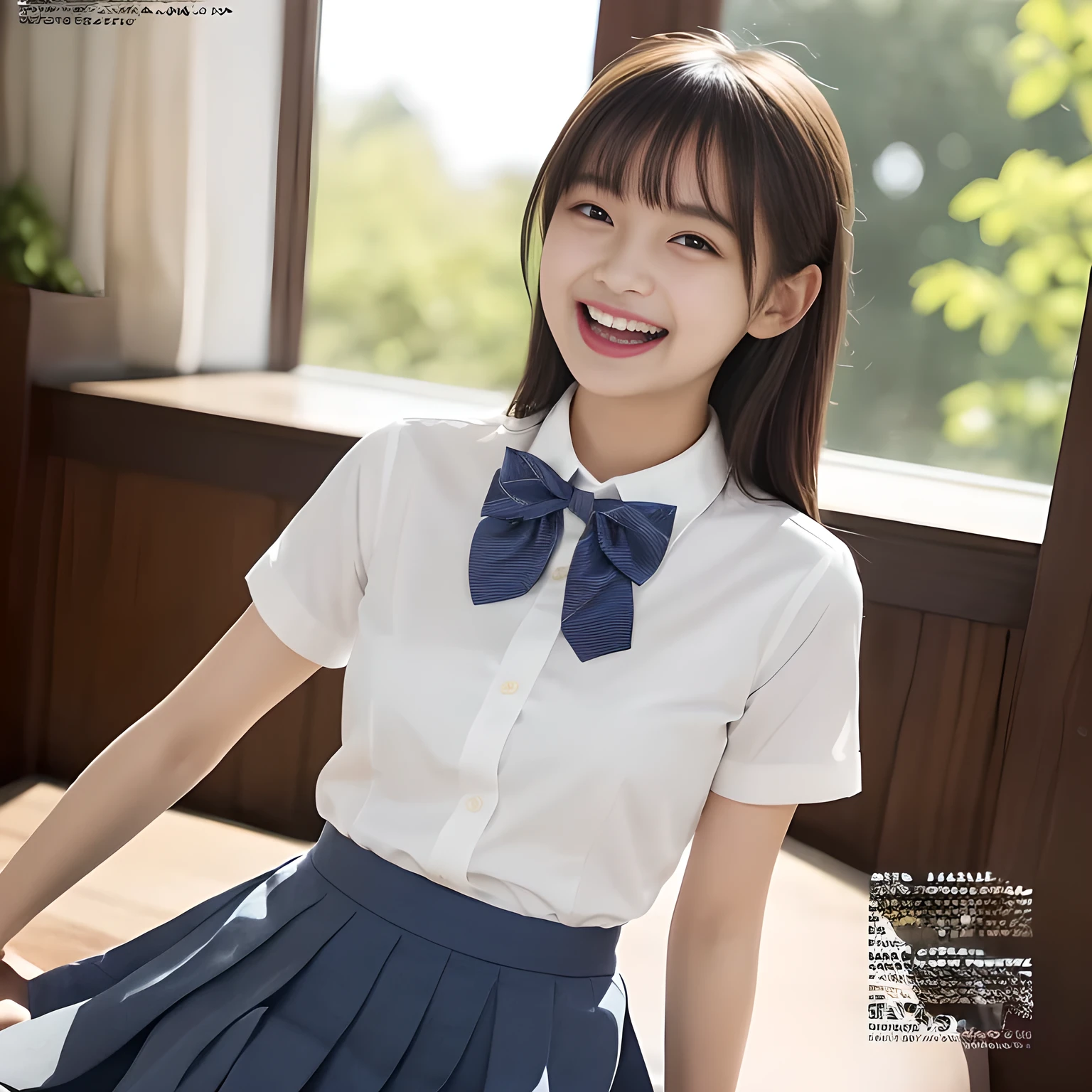 (highest quality、masterpiece:1.2)、highest quality、Realistic、photograph、High resolution、1080p、8K、Physical Rendering、((Height: 155cm)), one Japanese girl、((((((14 year old beautiful Japanese magazine fashion model looking at the viewer)))))), school summer uniform, (((big very detailed beautiful dark brown eyes))), ((((impressive plain navy large school ribbon bow tie in plain)))), ((((black very beautiful and very very long straight straight hair)))), ((((A light gray box-pleated box-pleated skirt)))), ((A yellow ivory colored blouse with puffed short sleeves and frills)), (((((((laughing cutely and looking at me!))))))), detailed fingers, (((curled blunt bangs))), ((Very large and cute eyes, carefully drawn with great attention to detail)), ((double eyelids)), (((long eyelashes))), ((cute lovely lovely laughing laughing cheeks)), ((white、Pure white light hits her face from above and in the front, making her skin and eyes shine beautifully.)), ((Strong light hits the nose and cheeks、It brings out the richness of the expression.)), ((The skirt is very cute)), (((((Her facial features are very expressive lovely smile, very very cute, very very intelligent.))))), (((Shooting from the side)))