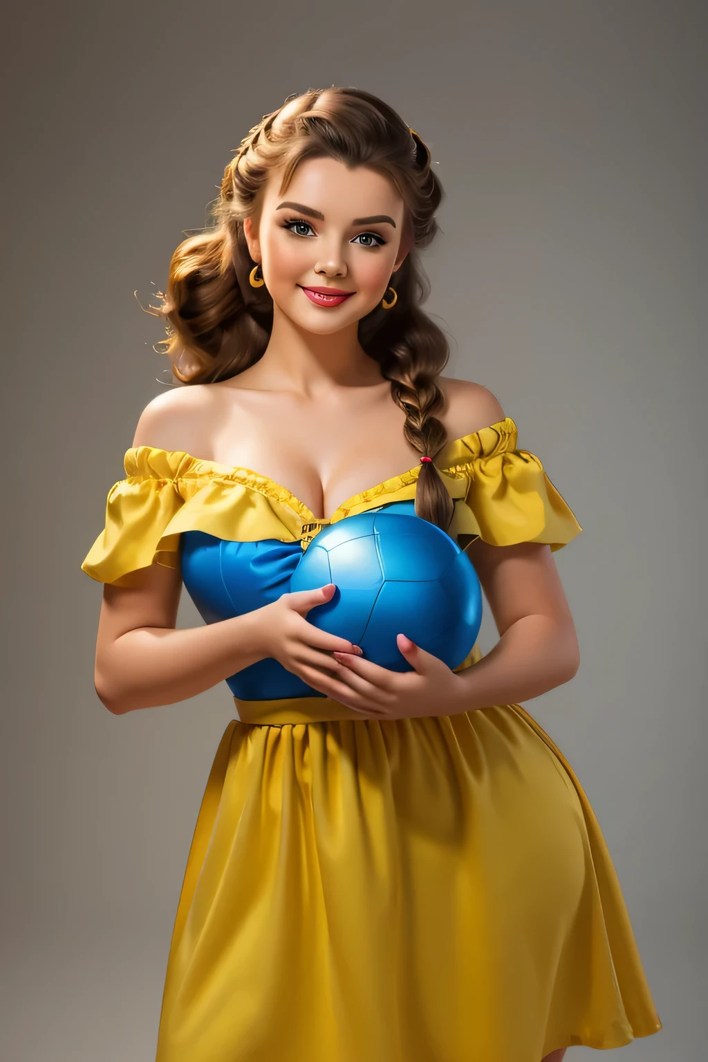 looking at camera adorable laught pin-up young woman holding big ball in hands, sexy traditional ukrainian blue and yellow dress with big , attractive hair with braid, isolated on light background white background, realistic, 4K, studio light, photo realistic 4k full body