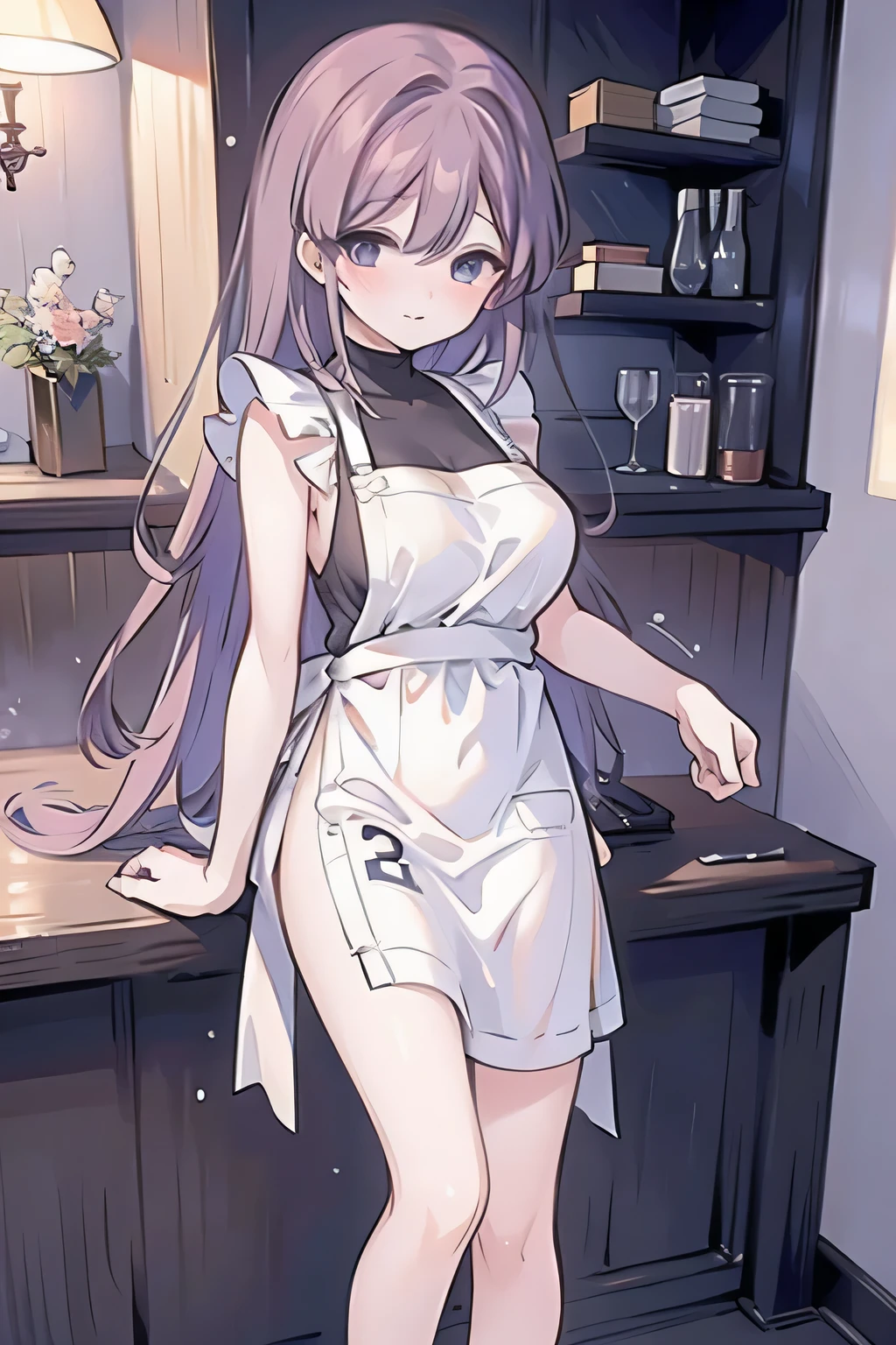 ((top-quality、8k、​masterpiece:1.3))、Beautiful woman with perfect body:1.4、slim abdomen:1.2、Longhair, normal breast, Highly detailed facial and skin texture, A detailed eye, delicate eyes, double eyelid, (smile), (full body shot), ((kitchen)), (standing), (((wearing white apron)), looking in front