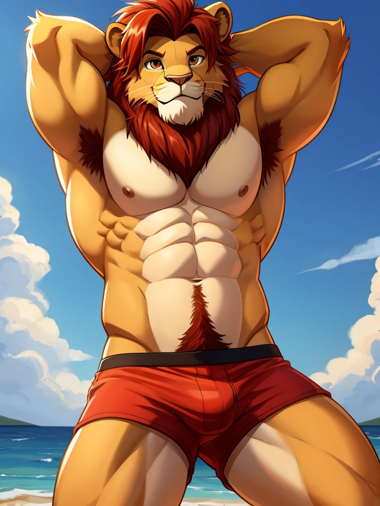 simba, a furry lion, furry, lion, single, only character, shirtless, muscular, male, masculine, red hair, yellowish fur, brown eyes, hands up behind head, red hairy armpits, cartoony, illustration, sharp focus, smooth lightning, soft colours, medium length hair, two blogs haircut, young guy, water-colours, front view, boxers, briefs