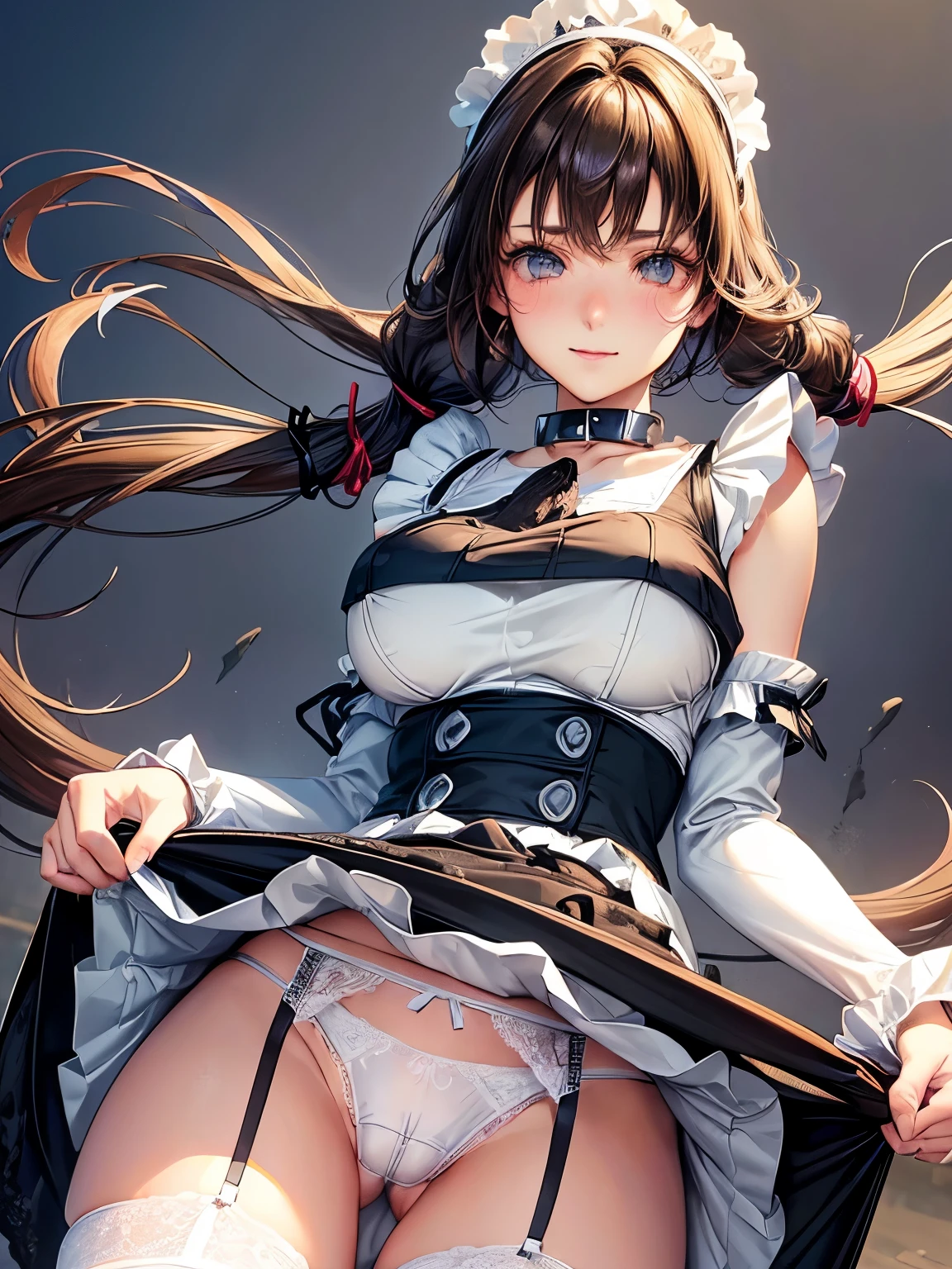 ((highest quality, High resolution, Perfect Pixel, 4K))), 1 female, Beautiful woman、I could see the whole body、apartment、 ((Twin tails, bangs, Brown Hair)), ((Brown eyes, Beautiful eyelashes, Realistic eyes)), ((Detailed face, blush:1.2))、((Smooth texture:0.75, Realistic texture:0.65, Realistic:1.1, Anime CG Style)), Beautiful Anime Women, Beautiful art style, Anime characters,Beautiful and big breasts, Perfect body, Slender body, Beautiful thighs, (Erect nipples:0.95), )((black and white maid outfit、ribbon on collar、Long skirt、garter belt、Knee socks)), Embarrassed smile、Kneel with your knees closed、(Skirt flip:1.2), ((Stylish white satin panties with luxurious decoration:1.3), (White base with black lace panties)), diagonal side angle, Dynamic Angle, Sexy pose、Perfect Anatomy, Exact number of arms, Exact number of hands