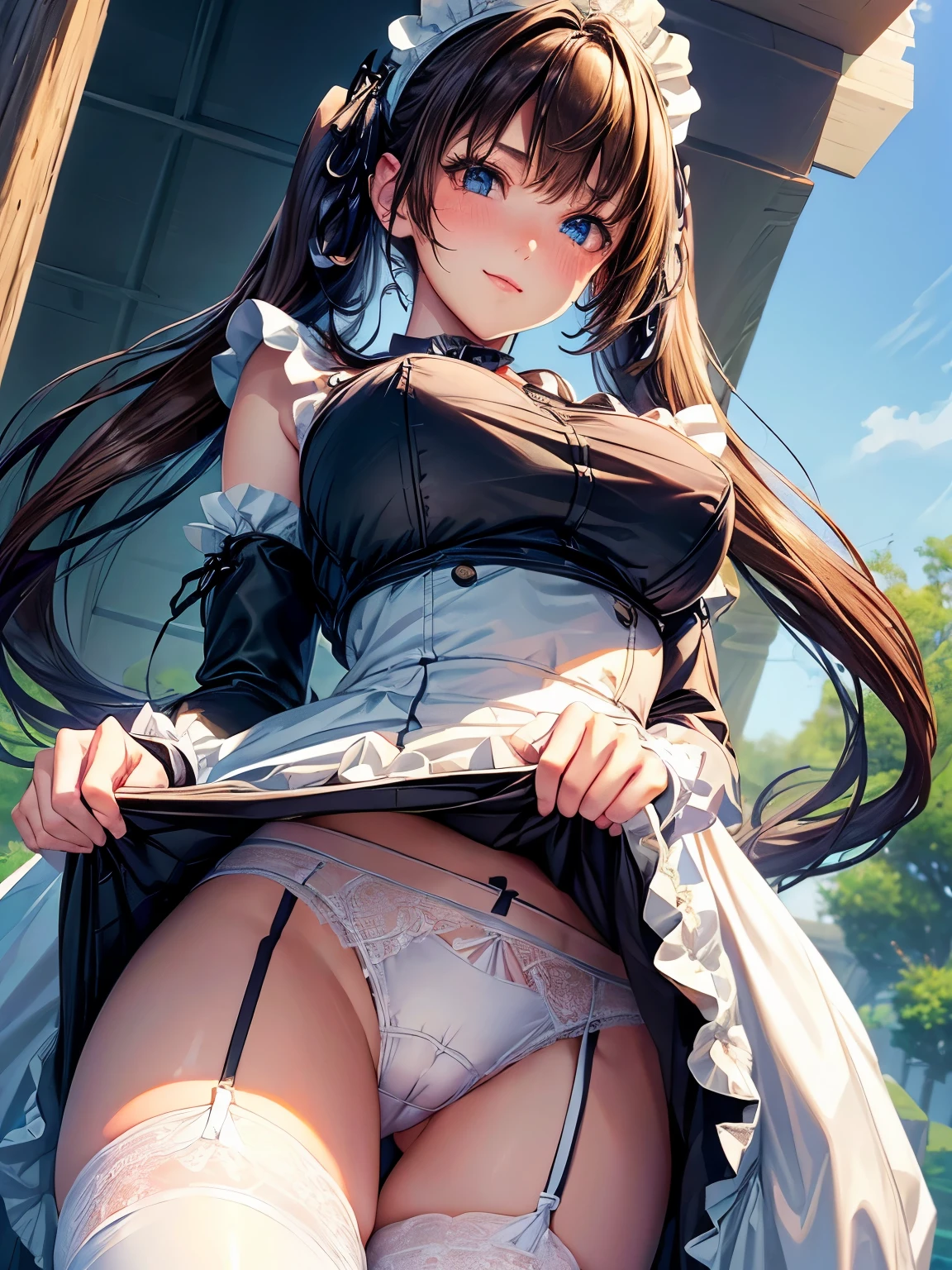 ((highest quality, High resolution, Perfect Pixel, 4K))), 1 female, Beautiful woman、I could see the whole body、apartment、 ((Twin tails, bangs, Brown Hair)), ((Brown eyes, Beautiful eyelashes, Realistic eyes)), ((Detailed face, blush:1.2))、((Smooth texture:0.75, Realistic texture:0.65, Realistic:1.1, Anime CG Style)), Beautiful Anime Women, Beautiful art style, Anime characters,Beautiful and big breasts, Perfect body, Slender body, Beautiful thighs, (Erect nipples:0.95), )((black and white maid outfit、ribbon on collar、Long skirt、garter belt、Knee socks)), Embarrassed smile、Kneel with your knees closed、(Skirt flip:1.2), ((Stylish white satin panties with luxurious decoration:1.3), (White base with black lace panties)), diagonal side angle, Dynamic Angle, Sexy pose、Perfect Anatomy, Exact number of arms, Exact number of hands