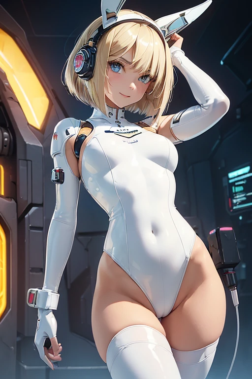 (((n.s.f.w:1.5))),((1girl in:1.5)),(cyborg girl,cybernetic gynoid, mechanized limb:1.3),(Highest image quality, excellent details, Ultra-high resolution, (Realism: 1.4), The best illustrations, favor details, One girl highly condensed,(presence:1.5),(Dynamic:1.5),(Bold:1.5)),(Thin hair:1.8),(blonde bob hair:1.5),(blue eye:1.2),(smile:1.2) ,(mechanical bunny ears headband:1.3),headphones, (white highleg latex leotard:1.3) , (cowboy shot),