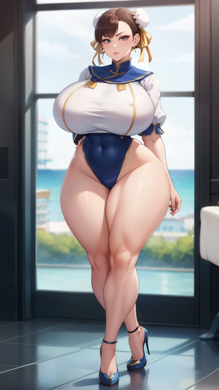 Big Breasts, Big Hips, Full Body Shot, Mature mother, Voluptuous thighs, Full calf, Seductive mature woman, Perfect body, Plus Size Model, Sailor suit, Wearing high heels,Miniskirt uniform, Chunli,