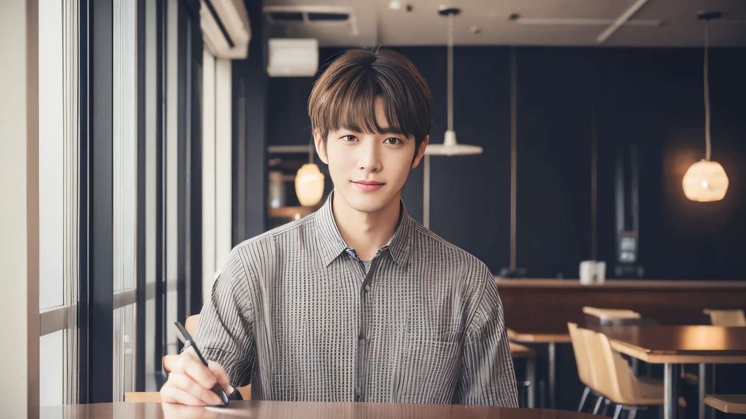 musician、A refreshing, handsome man in his 40s、(Super cool S-class guy)、Japanese Male, 40 years old、、Photographed inside the cafe、a handsome guy、(CG Unity 8K high resolution photo)、(Very detailedSクラスのa handsome guy性)、(Realistic)、(highest quality))、Very detailed、super high quality、expensive、audience、kind person、Very beautiful hair Perm Hair、Bright photo、Handsome like a model、Handsome like an idol、Looking at the camera、inside a stylish cafe、Stubble