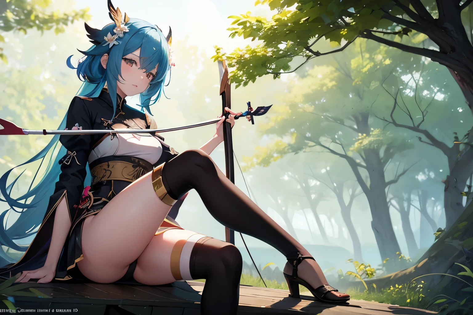 （Overlooking構図）Overlooking、Anime girl sitting on a tree branch with a bow and arrow, artstation pixivでトレンド, insect trainer girl, Keqing of Genshin Impact, pixiv artstationのguweiz, Summer Forest Fairy Queen, Artjam and Athi Gairan, zerochan art, ArtStation PixivのGuweiz, forest soul, Fantasy art style, Show off your thighs