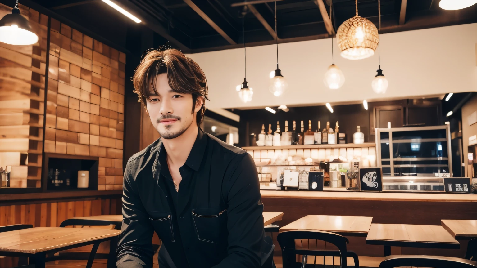 musician、A refreshing, handsome man in his 40s、（Super cool S-class guy）、Japanese Male, 40 years old、、Photographed inside the cafe、a handsome guy、（CG Unity 8K high resolution photo）、（Very detailedＳクラスのa handsome guy性）、（Realistic）、（highest quality））、Very detailed、super high quality、expensive、audience、kind person、Very beautiful hair　Perm Hair、Bright photo、Handsome like a model、Handsome like an idol、Looking at the camera、inside a stylish cafe、Stubble