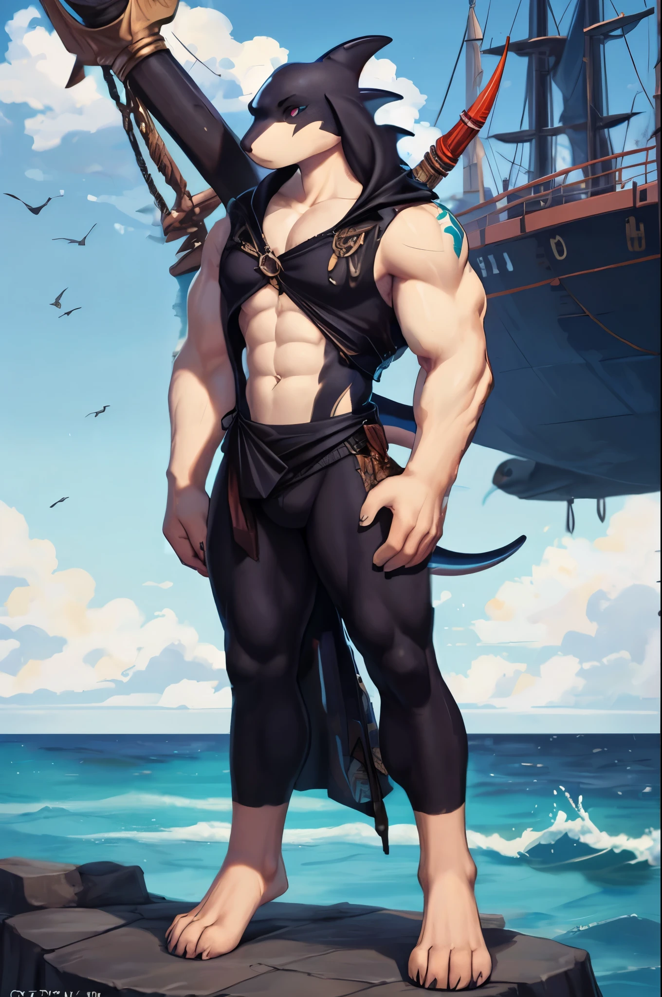 (((Barefoot furry character, full body, cinematic setting, furry male, plantigrade))) 

(((Poseidon))) embodied as a powerful orca anthro with sleek black and white markings, sporting a trident tattoo on his bicep. He has a muscular physique and deep sea-blue eyes. Poseidon stands barefoot on a rocky shore, waves crashing around him. The background features a vast ocean horizon dotted with ships and sea creatures. His attribute, the trident, is held firmly in one hand.

BREAK, detailed background, 8K, (masterpiece:1.5), intricate details, highly detailed, extreme detail, octane render, fine art, best quality, highres, (detailed face:1.5), ((full_body)), UHD, (((perfect hands))), low light