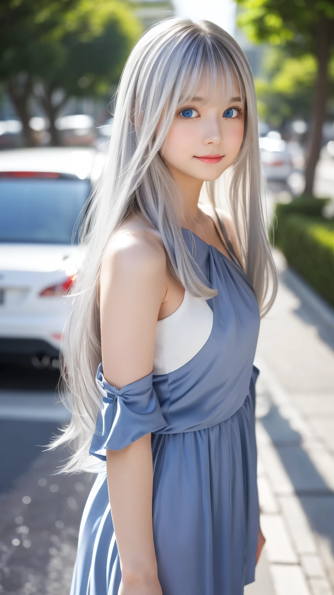 Shining, clear, white skin、Her windblown silver hair hides her beautiful face.、huge、28 years old cute sexy little beautiful face、Beautiful straight hair that stands out、growing up, Sparkling light blue eyes、long silky bangs that cover cute eyes, Sexy and cute young woman with super long hair hiding her sexy face、Shining silver hair