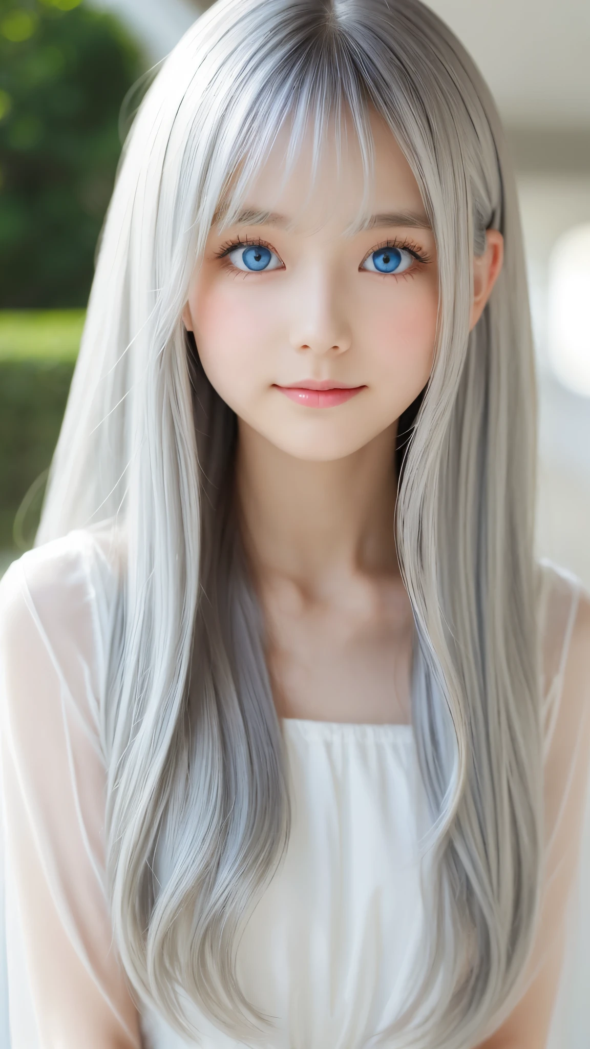 Shining, clear, white skin、Her windblown silver hair hides her beautiful face.、huge、28 years old cute sexy little beautiful face、Beautiful straight hair that stands out、growing up, Sparkling light blue eyes、long silky bangs that cover cute eyes, Sexy and cute young woman with super long hair hiding her sexy face、Shining silver hair