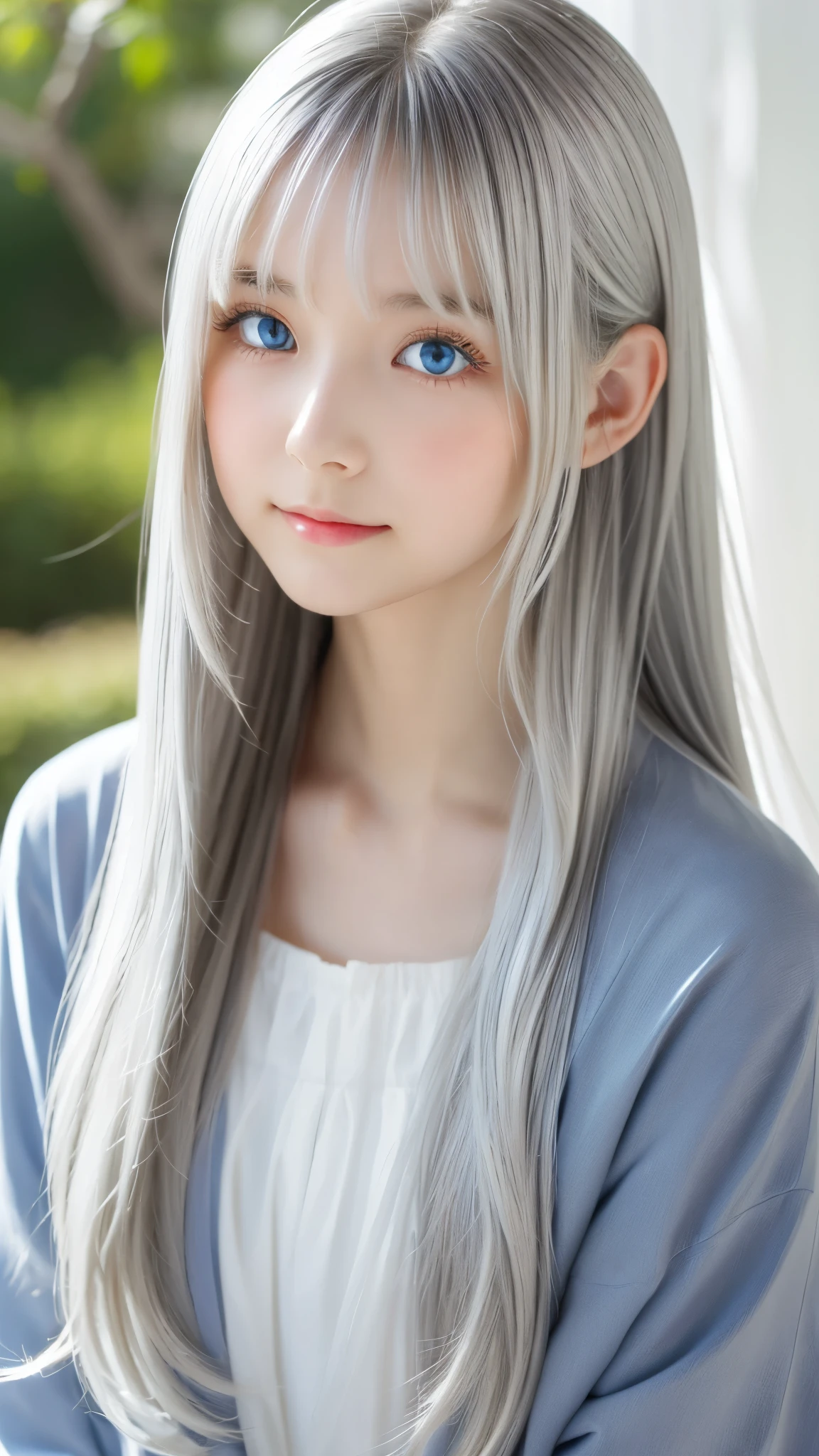 Shining, clear, white skin、Her windblown silver hair hides her beautiful face.、huge、28 years old cute sexy little beautiful face、Beautiful straight hair that stands out、growing up, Sparkling light blue eyes、long silky bangs that cover cute eyes, Sexy and cute young woman with super long hair hiding her sexy face、Shining silver hair