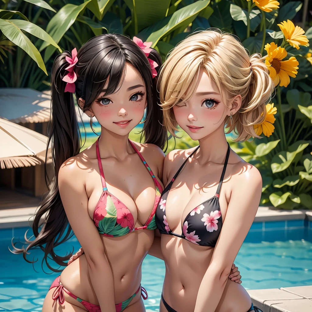 girl、(((one person)))、(Tropical print bikini:1.3、Face Enhancement:1.3, )、、Detailed Hair、Black Hair、Twin tail hair、(((Wink、Close one eye)))、highest quality、Super detailed、Very detailed、Detailed Background、C cup bust、smile、Resort hotels、Pool