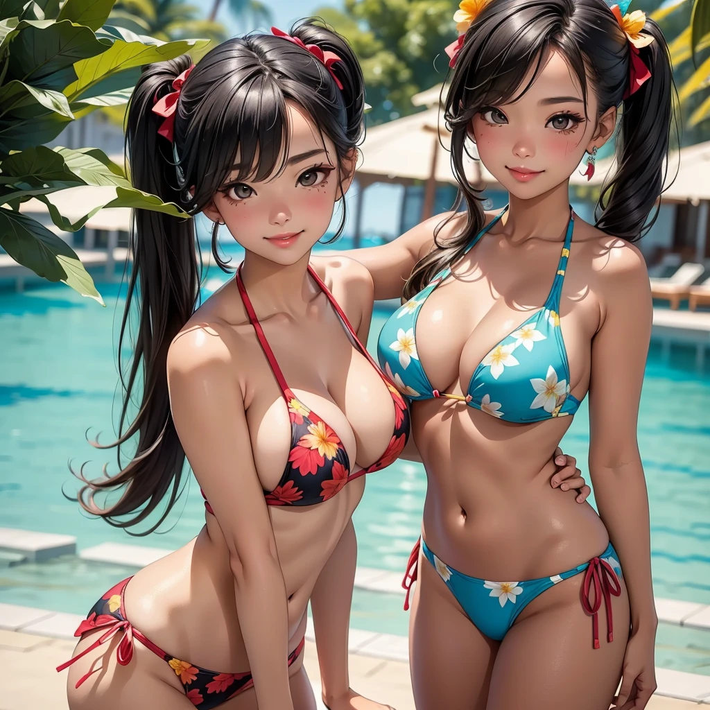 girl、(((one person)))、(Tropical print bikini:1.3、Face Enhancement:1.3, )、、Detailed Hair、Black Hair、Twin tail hair、(((Wink、Close one eye)))、highest quality、Super detailed、Very detailed、Detailed Background、C cup bust、smile、Resort hotels、Pool