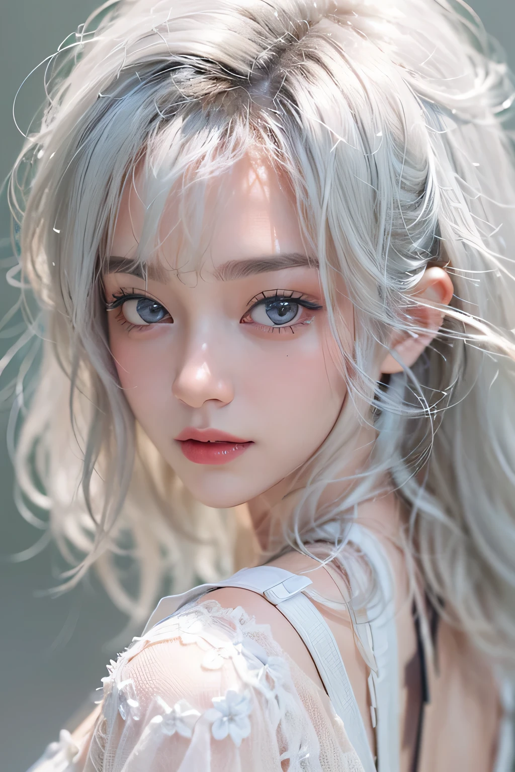(masterpiece:1.3), (8k, Photorealistic, Raw photo, Best image quality: 1.4), Fair-skinned fairy woman、Long Haircut、Cleavage:2.0、Super detailed face、Attention to detail、double eyelid、Put your chest together、Sharp focus:1.2、Beautiful woman:1.4、Silvery white hair、highest quality、masterpiece、超A high resolution、(Photorealistic:1.4)、Highly detailed and professionally lit smile、Loose, light, futuristic clothing、Shoulder out、thin、Serious expression、Short-haired、Deadly position, gorgeous accessories, one person