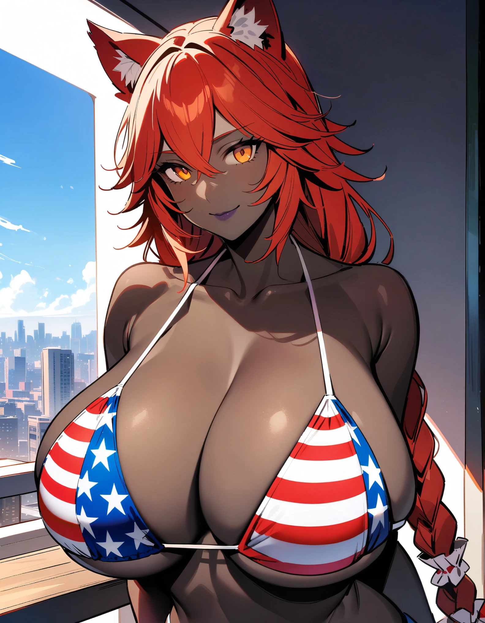 masterpiece, best quality, extremely detailed, 1girl, (milf, motherly), solo, (dark skin, black skin:2), lupusregina beta, (huge breasts:1.25), ((((red hair), long hair, twin braids, orange eyes, wolf ears))), purple lips, (((bikini, american flag print bikini, panties))), ((light smile), closed mouth), ((balcony, futuristic buildings))