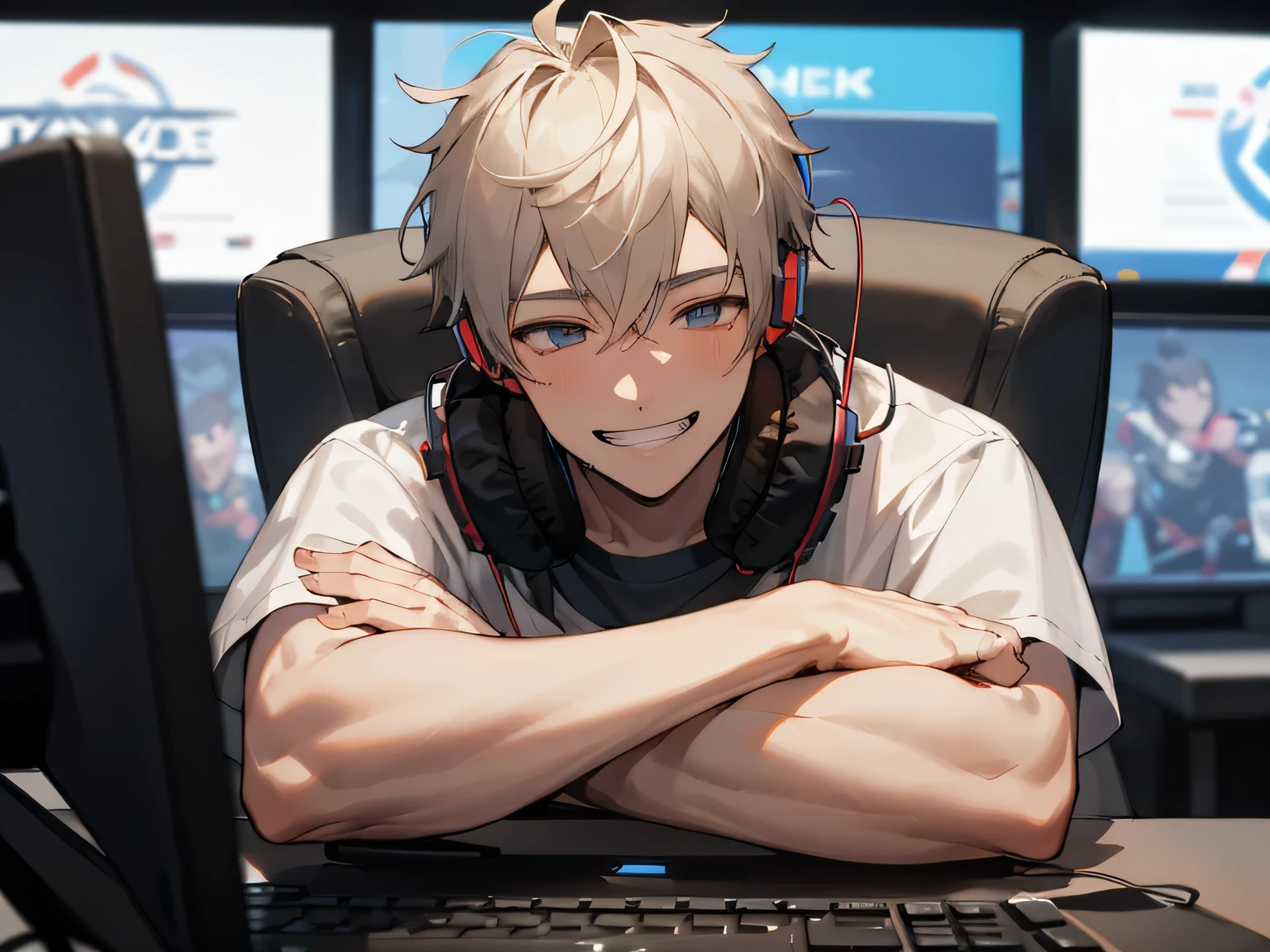 Mature,Face close-up,One boy，Adult，Tired look，Grin,highest quality，employee，Facial details，Headphones on neck,Grin,sit in front of the computer and play games, Esports Room