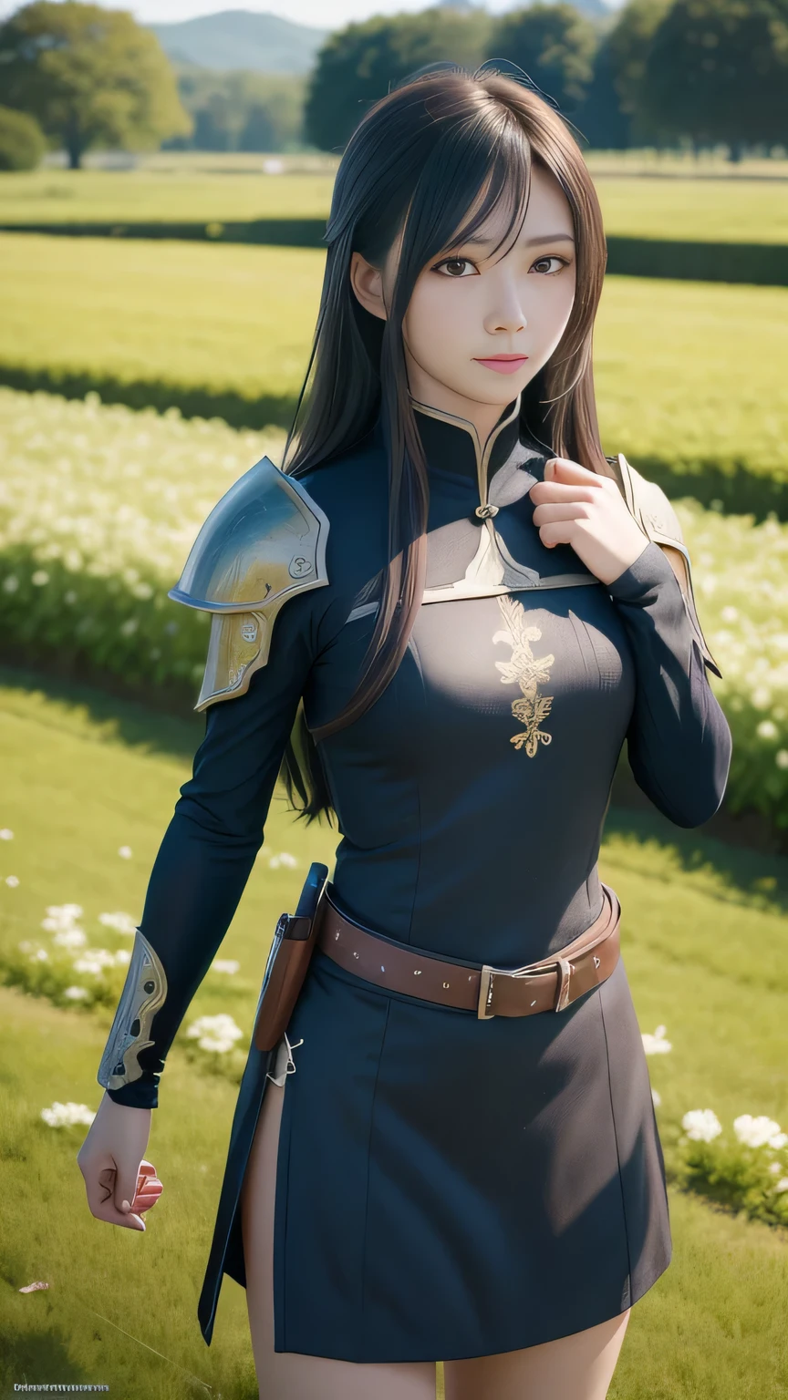Girl with long hair and sword in flower field, Best 4K Konachan Wallpaper, Detailed digital art, Detailed Artワーク, art wallpaper 4k, art wallpaper 4k, Detailed Art, wallpaper 4k, wallpaper 4k, art wallpaper 8k, 4k wallpaper, High quality 8K detailed art、Put on Armor