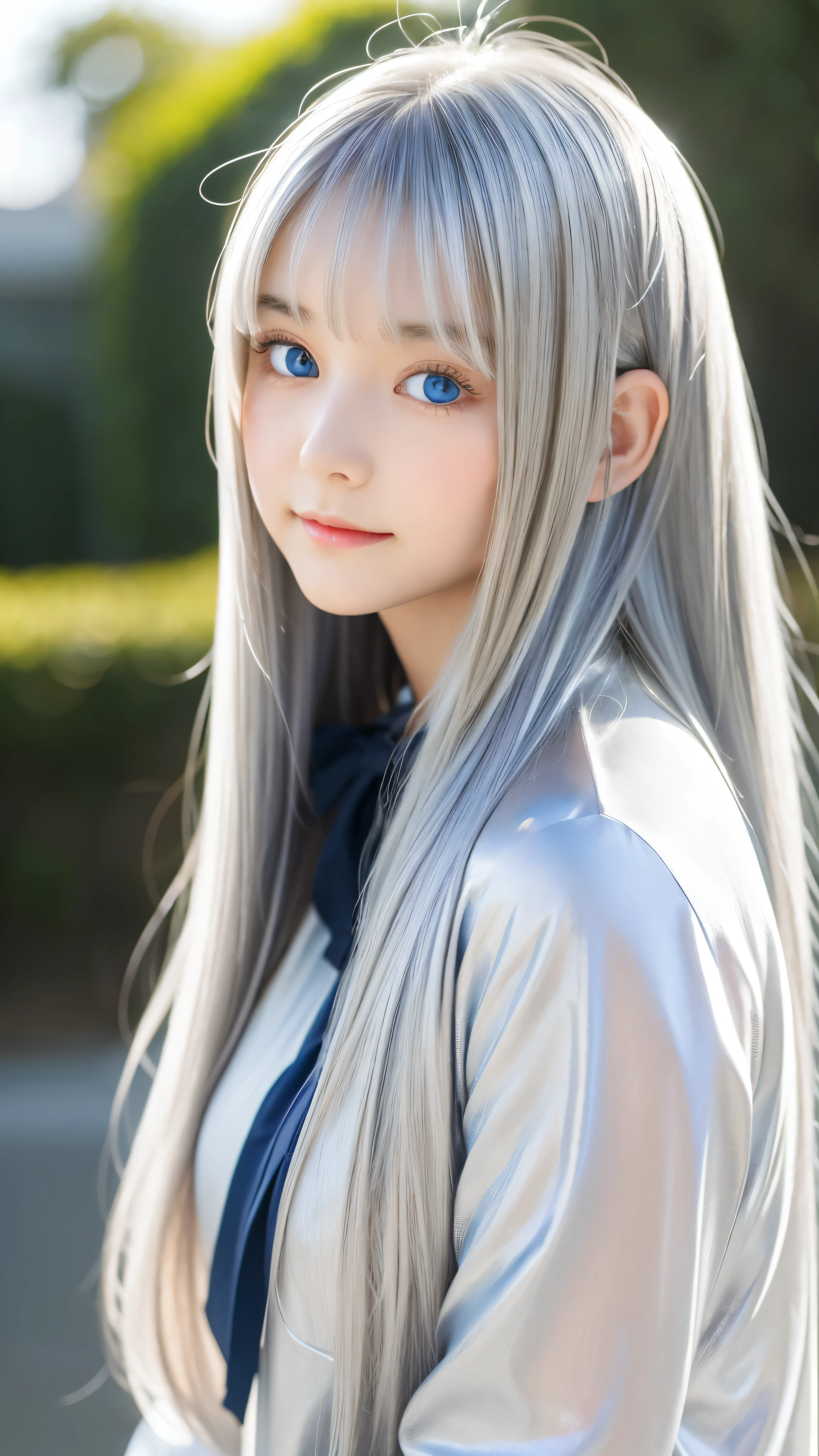Shining, clear, white skin、Her windblown silver hair hides her beautiful face.、huge、28 years old cute sexy little beautiful face、Beautiful straight hair that stands out、growing up, Sparkling light blue eyes、long silky bangs that cover cute eyes, Sexy and cute young woman with super long hair hiding her sexy face、Shining silver hair