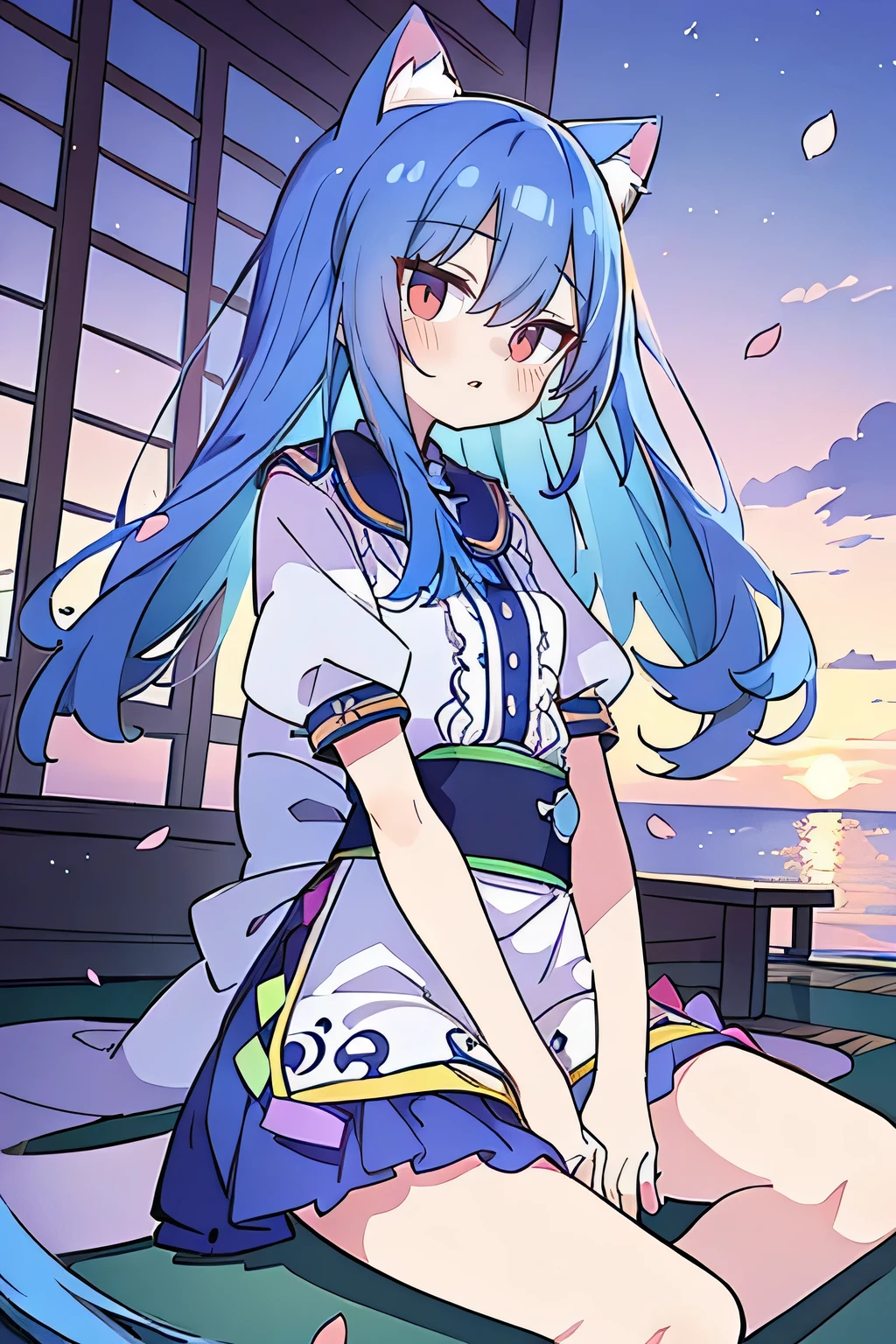 (masterpiece:1.2),Super detailed,Practical,expressive eyes,Fair skin,Perfect face shaping,1 Girl,
Japanese cartoons,Gorgeous blue hair, the long flowing blue hair,Floating clothes,Cat ears,Petals falling,beautiful lola,Young Angel,
Hands on waist,sit elegantly on the ground,Cross your legs,Gentle and peaceful background,Cool and cozy pavilion,Sunset,