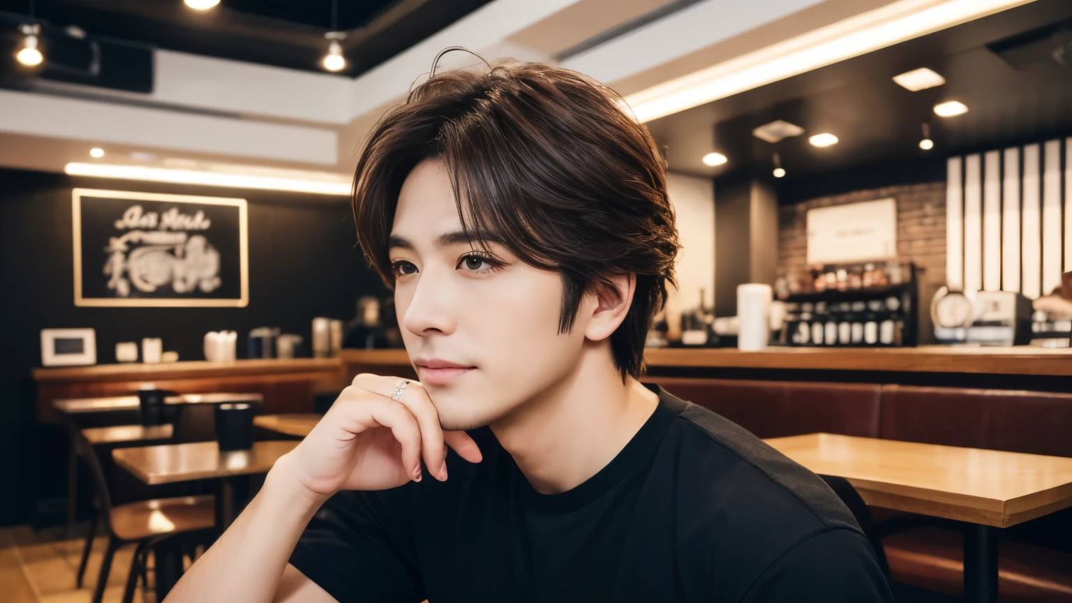 musician、A refreshing, handsome man in his 40s、(Super cool S-class guy)、Japanese Male, 40 years old、、Photographed inside the cafe、a handsome guy、(CG Unity 8K high resolution photo)、(Very detailedSクラスのa handsome guy性)、(Realistic)、(highest quality))、Very detailed、super high quality、expensive、audience、kind person、Very beautiful hair Perm Hair、Bright photo、Handsome like a model、Handsome like an idol、Looking at the camera、inside a stylish cafe、Stubble