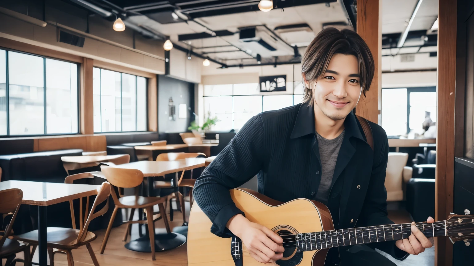 musician、A refreshing, handsome man in his 40s、(Super cool S-class guy)、Japanese Male, 40 years old、、Photographed inside the cafe、a handsome guy、(CG Unity 8K high resolution photo)、(Very detailedSクラスのa handsome guy性)、(Realistic)、(highest quality))、Very detailed、super high quality、expensive、audience、kind person、Very beautiful hair Perm Hair、Bright photo、Handsome like a model、Handsome like an idol、Looking at the camera、inside a stylish cafe、Stubble