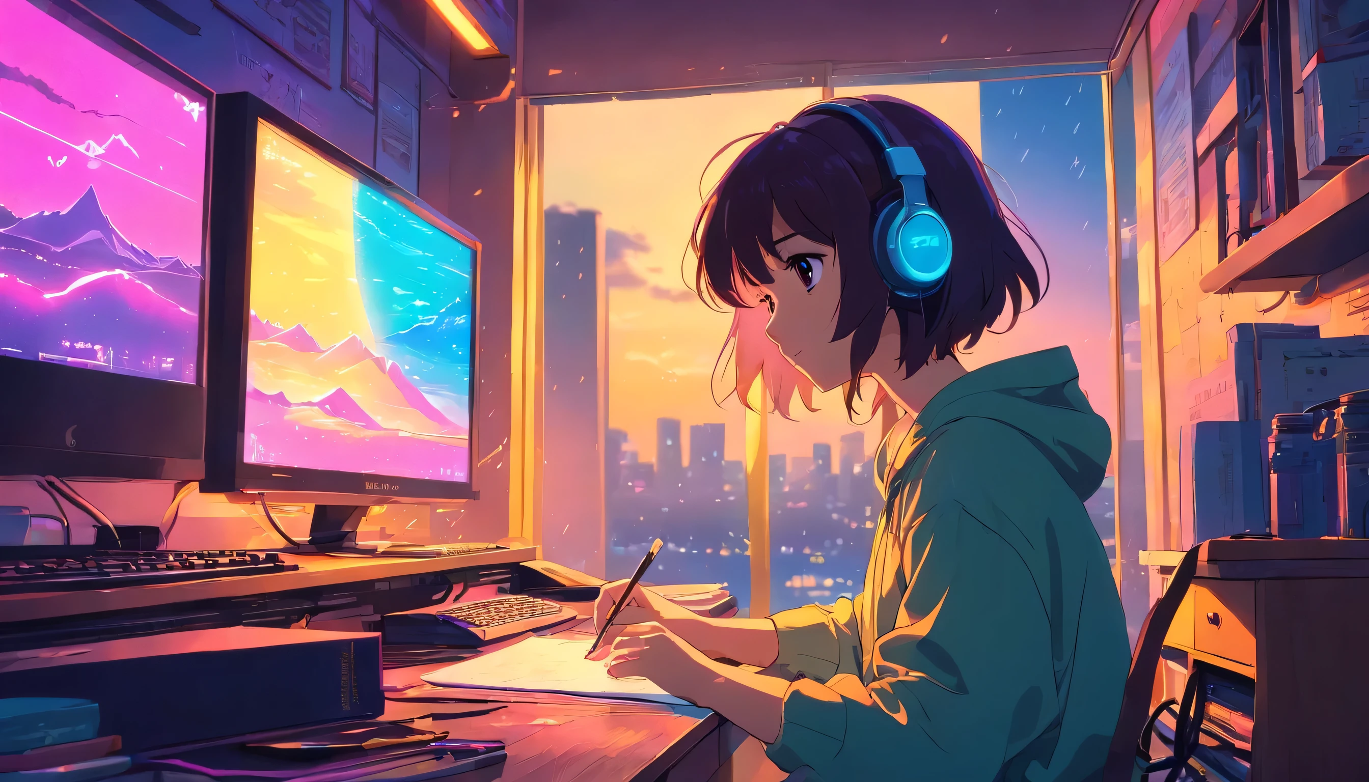 (zero), Girl studying in her room, reading a book, Wear headphones, , night lights, Neon landscape on a rainy day,Analog Color Theme, Lo-Fi Hip Hop , retrospective, flat, 2.5D ,Draw a line, Ink Drawing, Large slope, Watercolor painting, Goosch Colors, Studio Ghibli Style, Awesome colorful, Outer Ton, Synthwave, lofi art,90s style,Old texture, amplitude,90s vibe, masutepiece, Tremendous technology, 16:9 scale