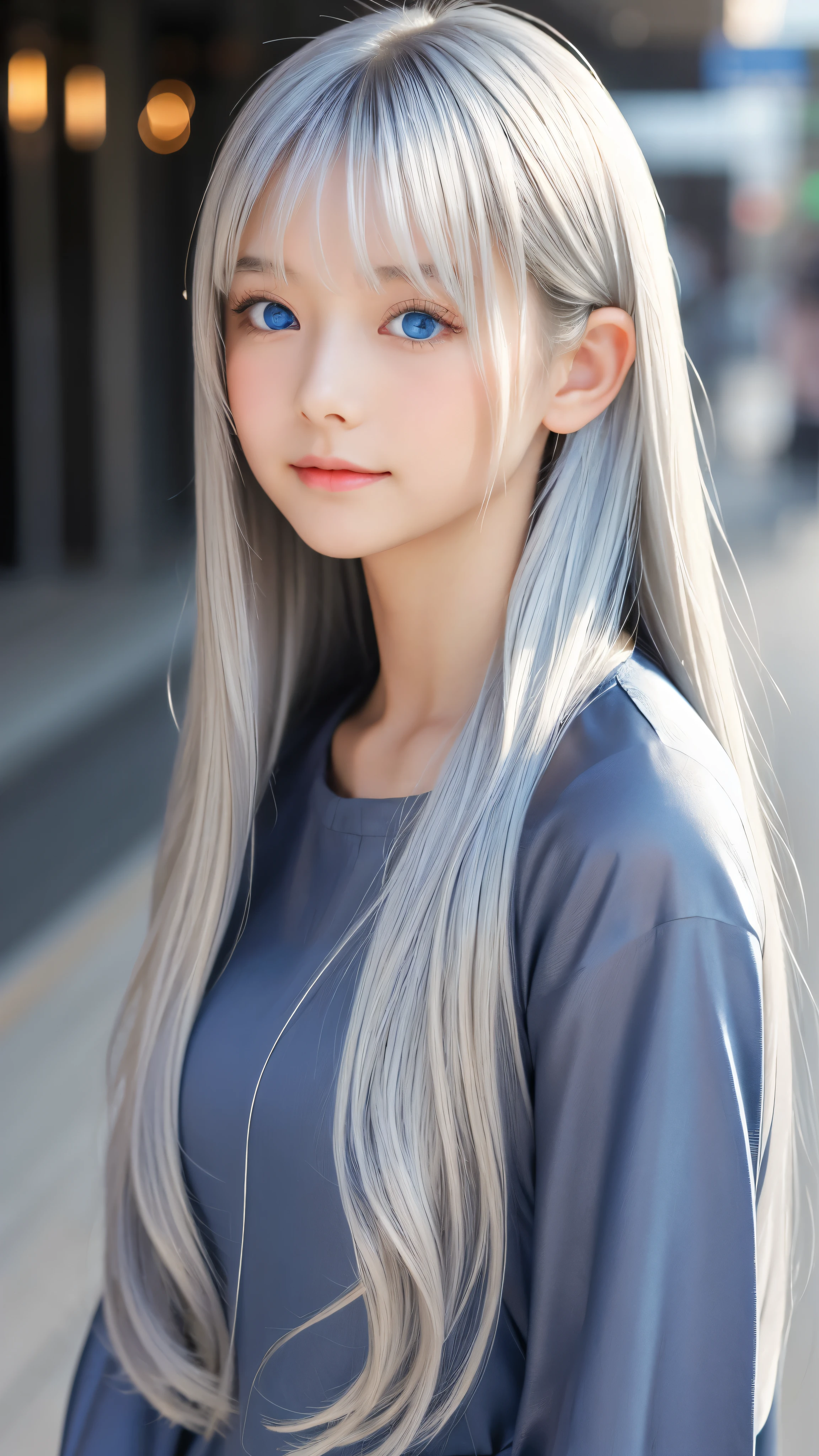 Shining, clear, white skin、Her windblown silver hair hides her beautiful face.、huge、28 years old cute sexy little beautiful face、Beautiful straight hair that stands out、growing up, Sparkling light blue eyes、long silky bangs that cover cute eyes, Sexy and cute young woman with super long hair hiding her sexy face、Shining silver hair