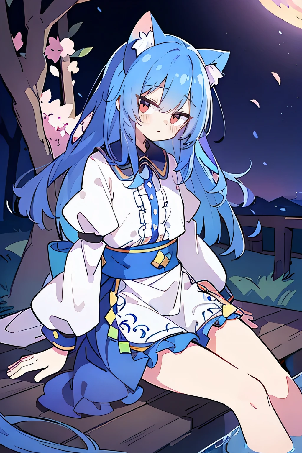 (masterpiece:1.2),Super detailed,Practical,expressive eyes,Fair skin,Perfect face shaping,1 Girl,
Japanese cartoons,Gorgeous blue hair, the long flowing blue hair,Floating clothes,Cat ears,Petals falling,beautiful lola,Young Angel,
Hands on waist,sit elegantly on the ground,Cross your legs,Gentle and peaceful background,Cool and cozy pavilion,Sunset,