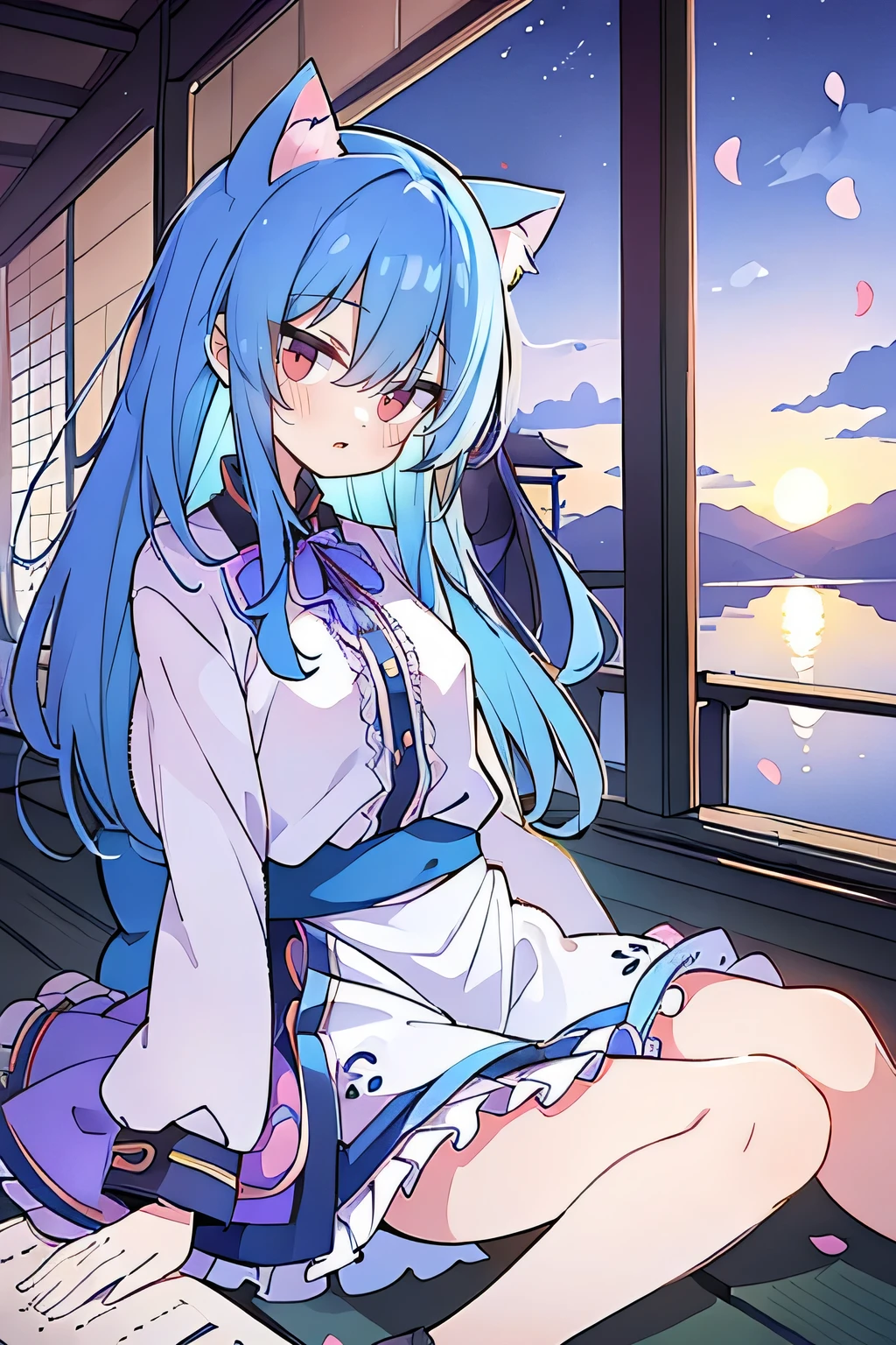 (masterpiece:1.2),Super detailed,Practical,expressive eyes,Fair skin,Perfect face shaping,1 Girl,
Japanese cartoons,Gorgeous blue hair, the long flowing blue hair,Floating clothes,Cat ears,Petals falling,beautiful lola,Young Angel,
Hands on waist,sit elegantly on the ground,Cross your legs,Gentle and peaceful background,Cool and cozy pavilion,Sunset,