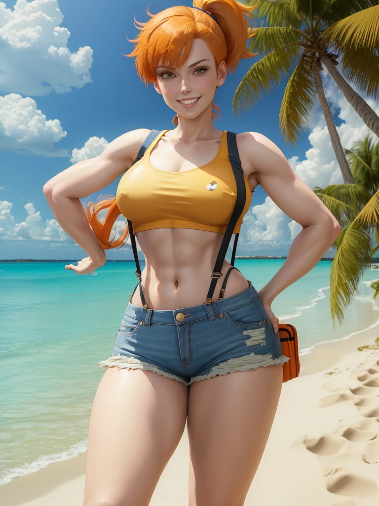 ((masterpiece,best quality)), absurdres, Misty_Pokemon, yellow crop top, suspenders, side ponytail, orange hair, denim shorts, solo, smiling, looking at viewer, cowboy shot, cinematic composition, contrapposto, tropical beach,
