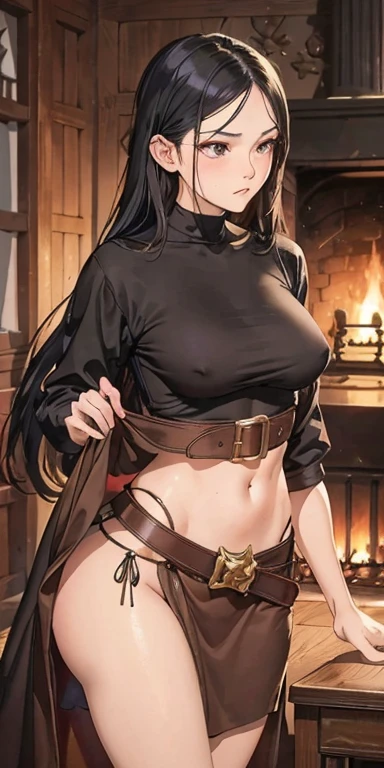 Close up, fantasy world, wooden room, fireplace, adult woman, beautiful, judgemental expression, tough look, long black hair, brown eyes, muscular, brown cloth clothes, belt, lifted skirt, lifting skirt, ????? ?????