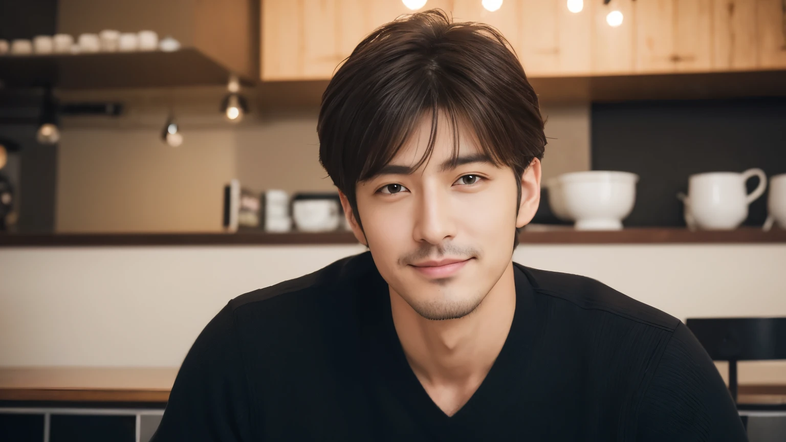 musician、A refreshing, handsome man in his 40s、(Super cool S-class guy)、Japanese Male, 40 years old、、Photographed inside the cafe、a handsome guy、(CG Unity 8K high resolution photo)、(Very detailedSクラスのa handsome guy性)、(Realistic)、(highest quality))、Very detailed、super high quality、expensive、audience、kind person、Very beautiful hair Perm Hair、Bright photo、Handsome like a model、Handsome like an idol、Looking at the camera、inside a stylish cafe、Stubble