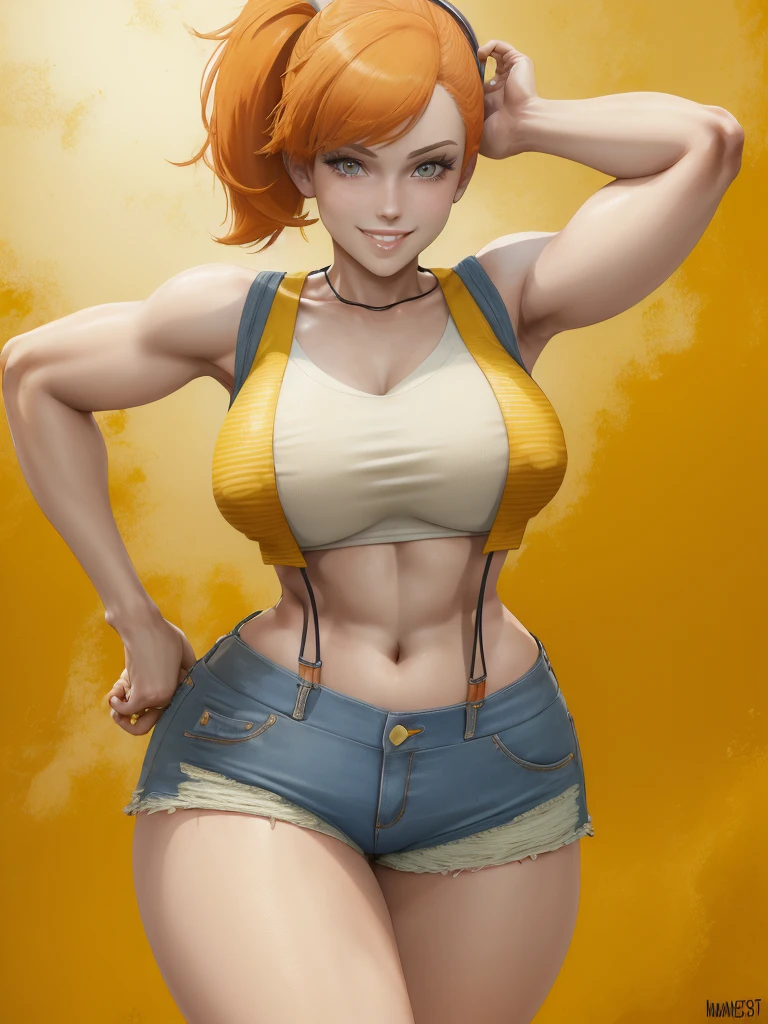 ((masterpiece,best quality)), absurdres, Misty_Pokemon, yellow crop top, suspenders, side ponytail, orange hair, denim shorts, solo, smiling, looking at viewer, cowboy shot, cinematic composition, contrapposto, tropical beach,