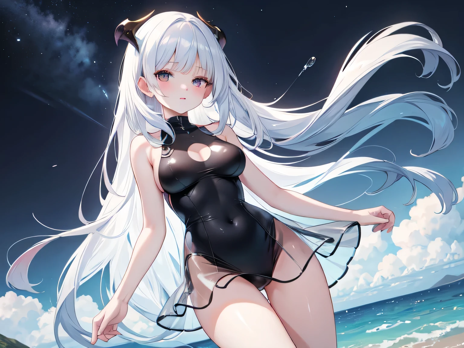 ((best quality)), (Ultra Detailed), ((Extremely detailed)), (fair), ((Kawaii girl)), ((Ultra HD)), (masterpiece), (high quality), (best quality), (4K), (high quality), (1 girl), (Random Action),Parted bangs, ((Hair intake)), Long hair, (Random Hairstyle), Larger breasts, slim body, (one piece swimsuit), (Transparent fabric) Revealing underwear super short transparent skirt succubus normal arms