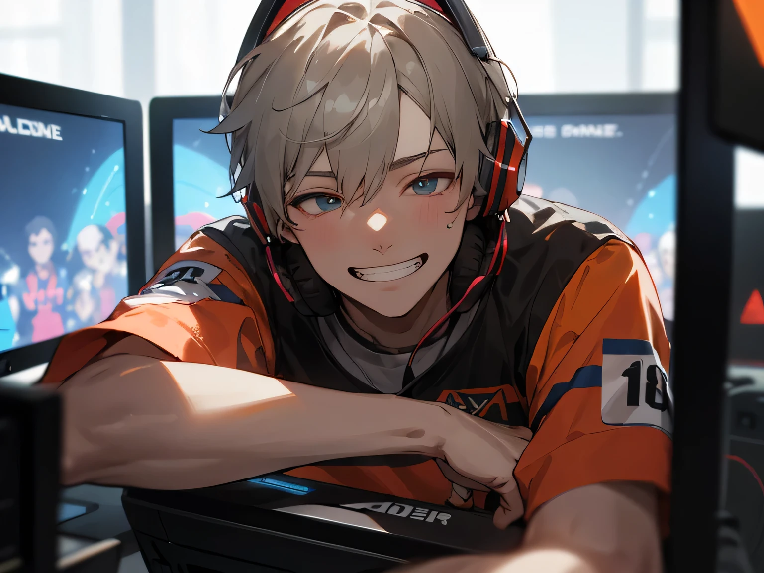 Mature,Face close-up,One boy，Adult，Tired look，Grin,highest quality，employee，Facial details，,Grin,Headphones,sit in front of the computer and play games, Esports Room