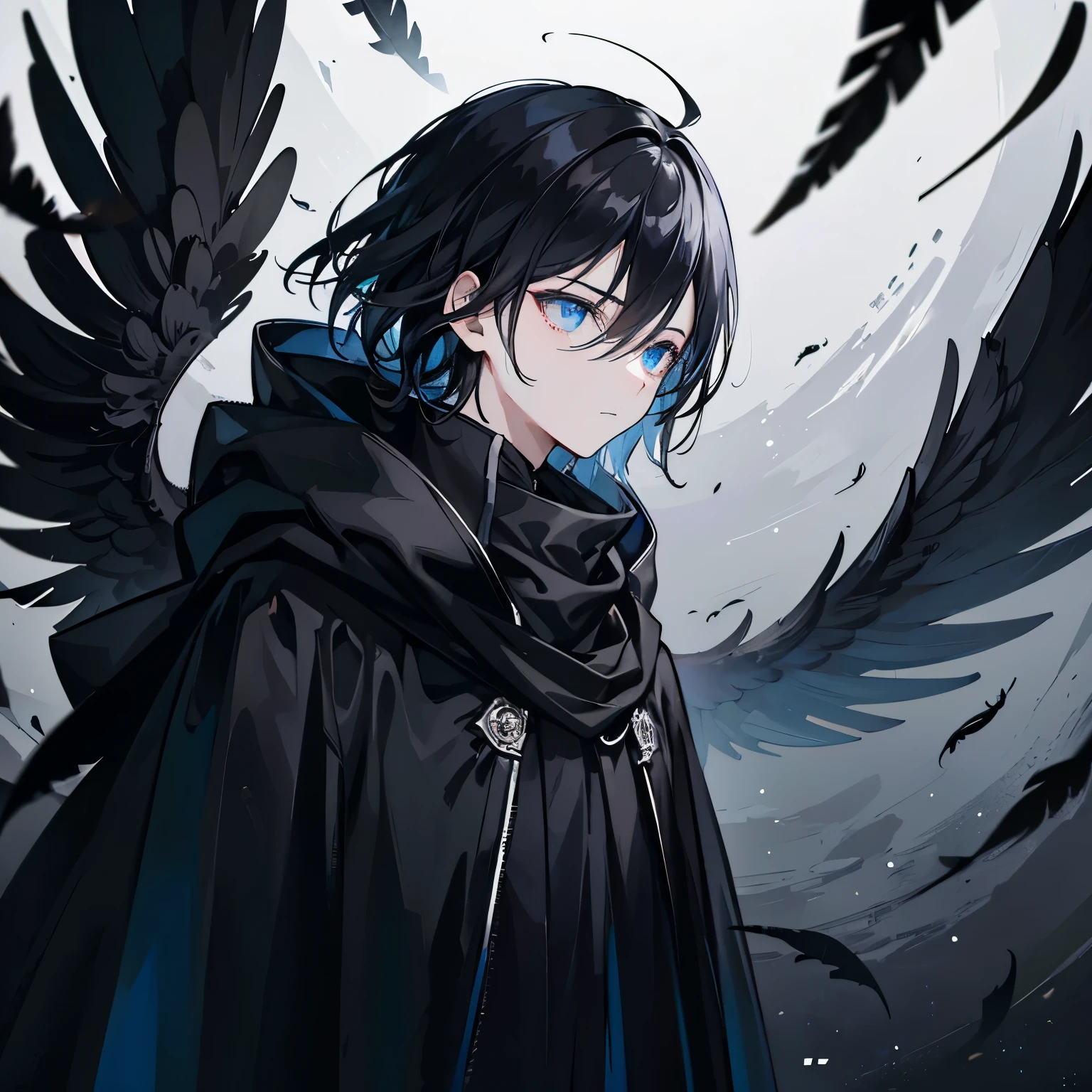 a young man, galactic eyes, (Composition of one person only:1.5), Masks on their faces, Black background, expressionless, black hair, wear a black cloak, looking to the side, side view, sorrow, sad, upper body, Black feathers are flying