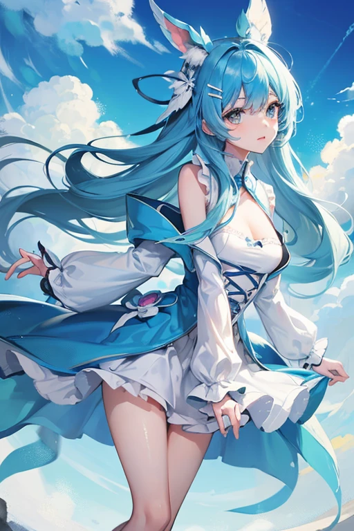 A girl with a beautiful ligh blue hair and she have clouds hairclip and she have blue coquette clothes