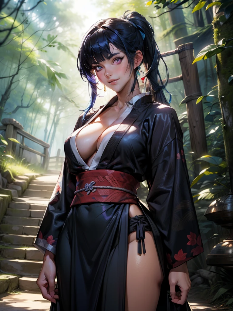 {{{masterpiece}}}, {{{best quality}}}, {{ultra-detailed}}, {cinematic lighting}, {illustration}, {beautifuly detailed eyes}, {1girl}, extremely detailed, 1girl, solo, A full-body picture of a beautiful ninja warrior, blue hair in two long ponytails, wearing gold and blue, warrior, playful smile, purple eyes, huge breasts, cleavage, hourglass figure, outdoors, woodland background, highly detailed face and clothing, slightly narrow eyes, perfect face, fair skin, hair bangs, long hair, cowboy shot, noble beautiful, traditional Japanese clothing, shinobi woman, I can see her entire body