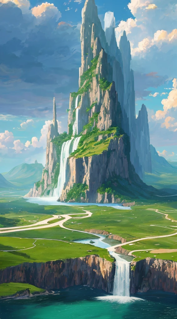 Masterpiece, ultimate quality, Cg unity 8k wallpaper, super delicate, beautiful sky and clouds, rich natural scenery, cliffs, lakes and rivers, waterfalls and flying water, beautiful green mountains, no trace of people, excellent scenery, has already won a photo contest, background Blurring, full depth of field, HDR high dynamics, true restoration, intricate, extreme details, dramatic presentation, perfectly presenting the style of midjourney art.