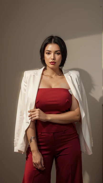 Create the image of a beautiful, elegant, brasileira, (curvy size)) woman with ((shoulder-length short black hair)) and slightly wavy. she is looking at the camera. wears red lipstick, ((mouth closed)). she wears a red blazer and red dress pants. Well-groomed and realistic hands. 32k quality image