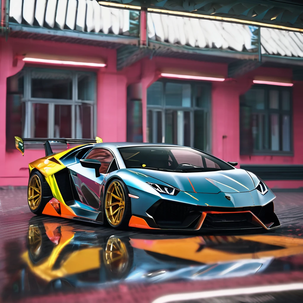 (best quality, 8k, highres, masterpiece:1.2), ultra-detailed, (realistic, photorealistic, photo-realistic:1.37), HDR, UHD, studio lighting, extreme detail description, professional, sci-fi, sharp focus,dystopian setting,futuristic technology, muted colors, glowing LED lights,mechanical body parts,Lamborghini modified to become a JDM with striking colors suitable for drifting, shadows and reflections. 

