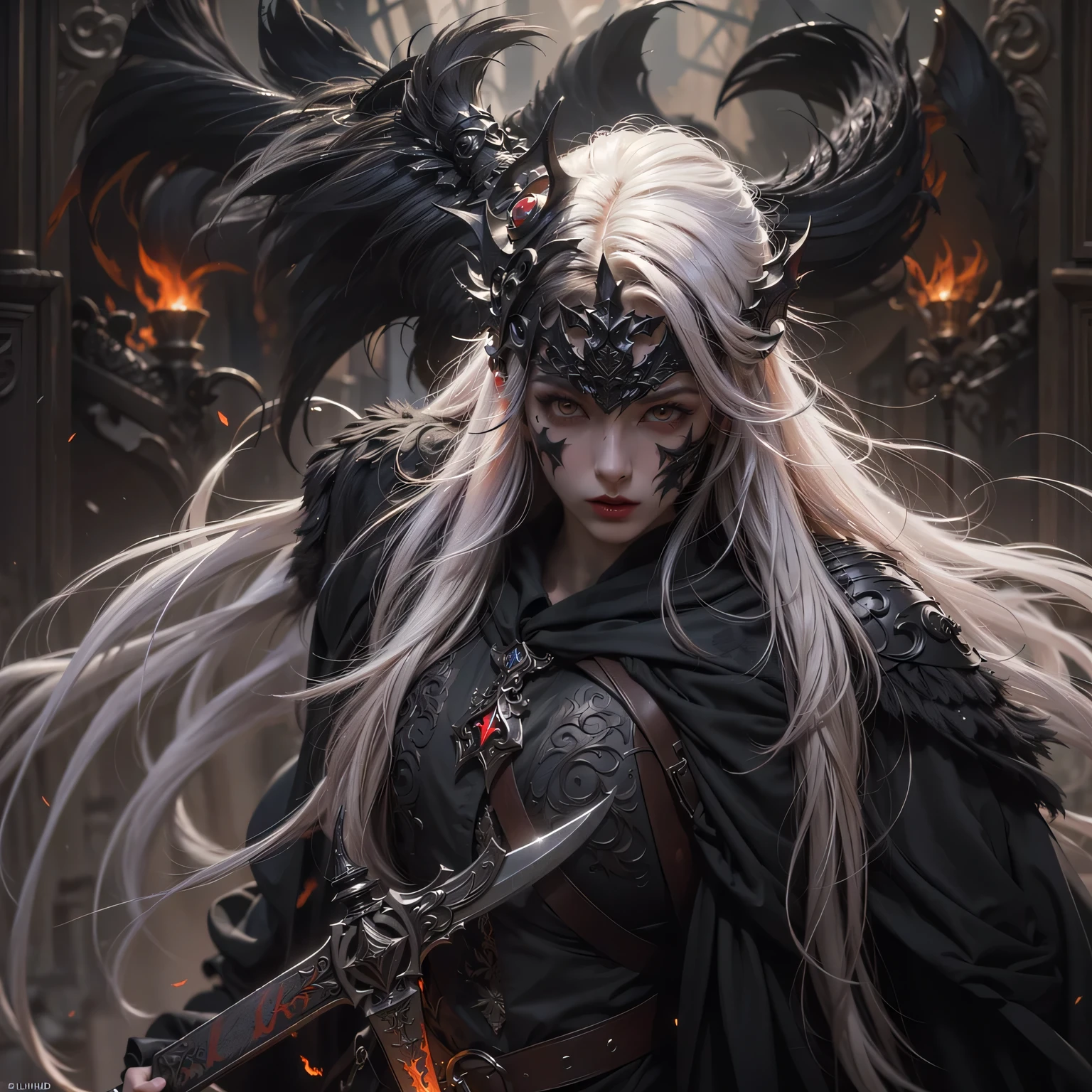 A close up of a woman with a sword and a bird on her head - SeaArt AI