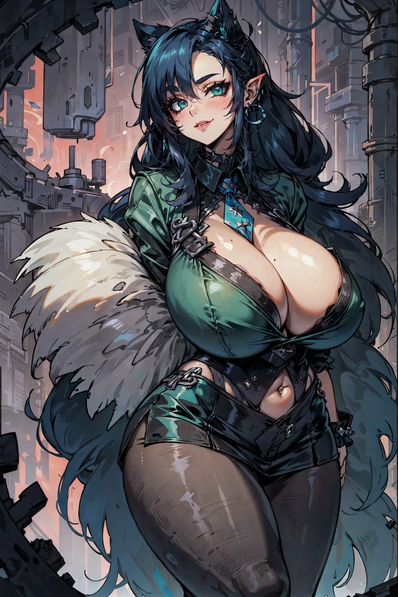 Best quality, solo mature goth woman, (gigantic breasts:1.8), sagging breasts, massive cleavage, huge ass, very curvy, black hair, styled high twintail hair, emerald green eyes, Gothic make up, punk rock style, full lips, seductive, sly smile, (exposed black button up blouse), loosen tie, (black and neon green punk goth skirt), ribbon in hair, thick thighs, curvy physique, pantyhose, Gothic style, punk style