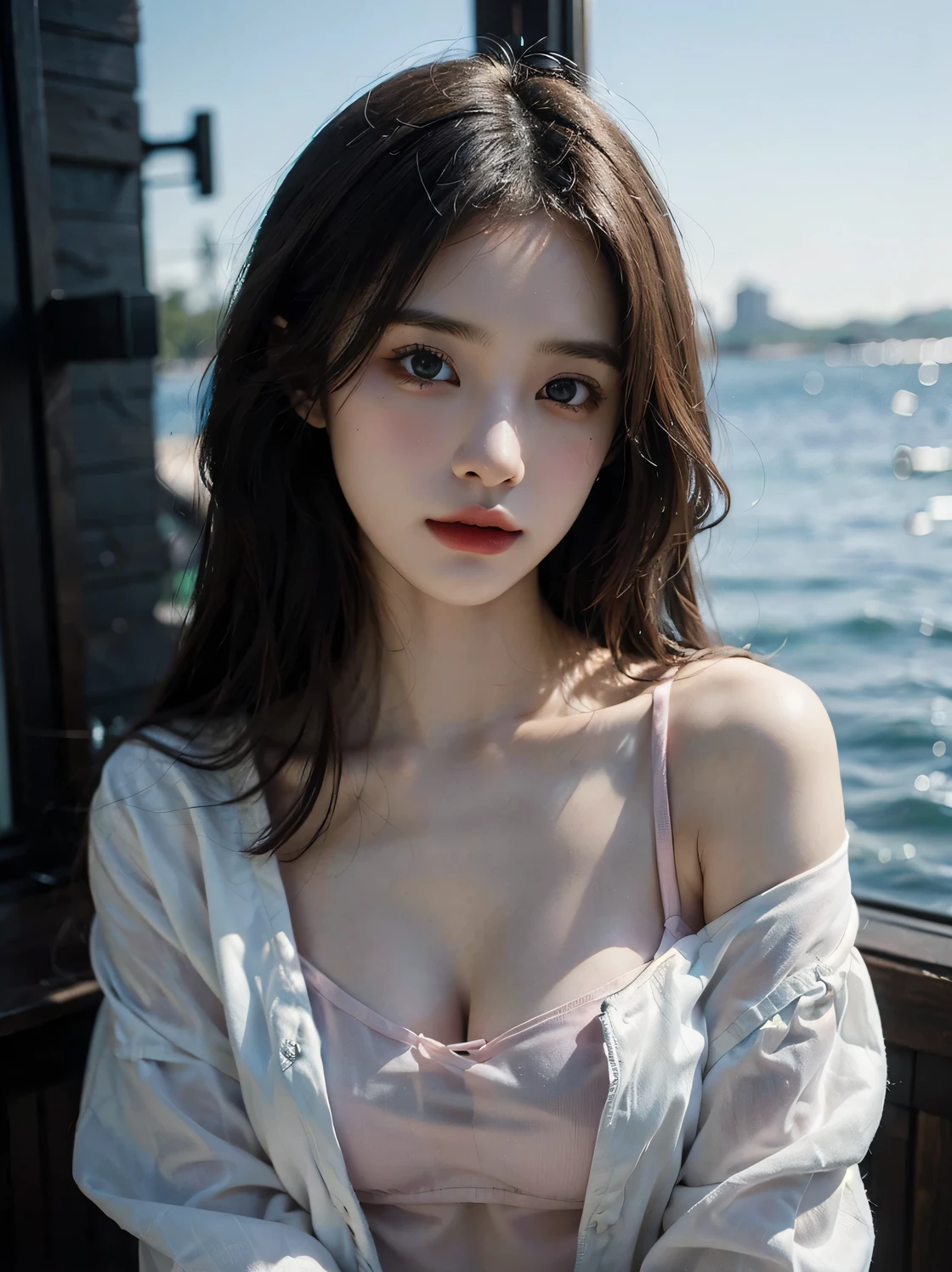 1girl, (looking at viewer:1.2), detail face, (a girl standing, rending on , sun falling and beach backdrop,(D cup,Cleavage,Pink translucent tube top,), romanticism, atmospheric, (RAW photo, best quality), (realistic, photo-realistic:1.3), masterpiece, an extremely delicate and beautiful, extremely detailed,