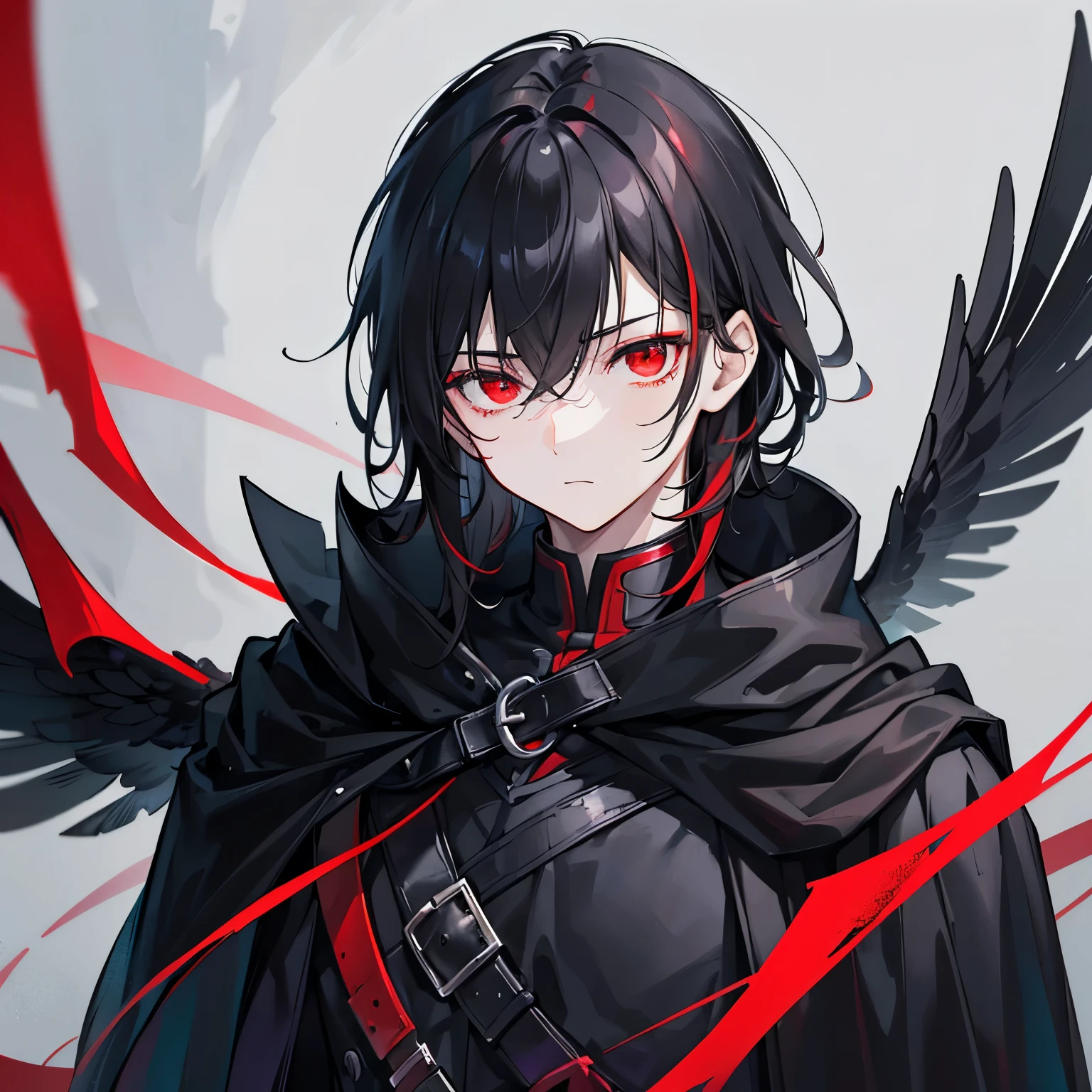 a young man, red eyes, (Composition of one person only:1.5), expressionless, black hair, wear a black cloak, looking back, upper body, Black feathers are flying