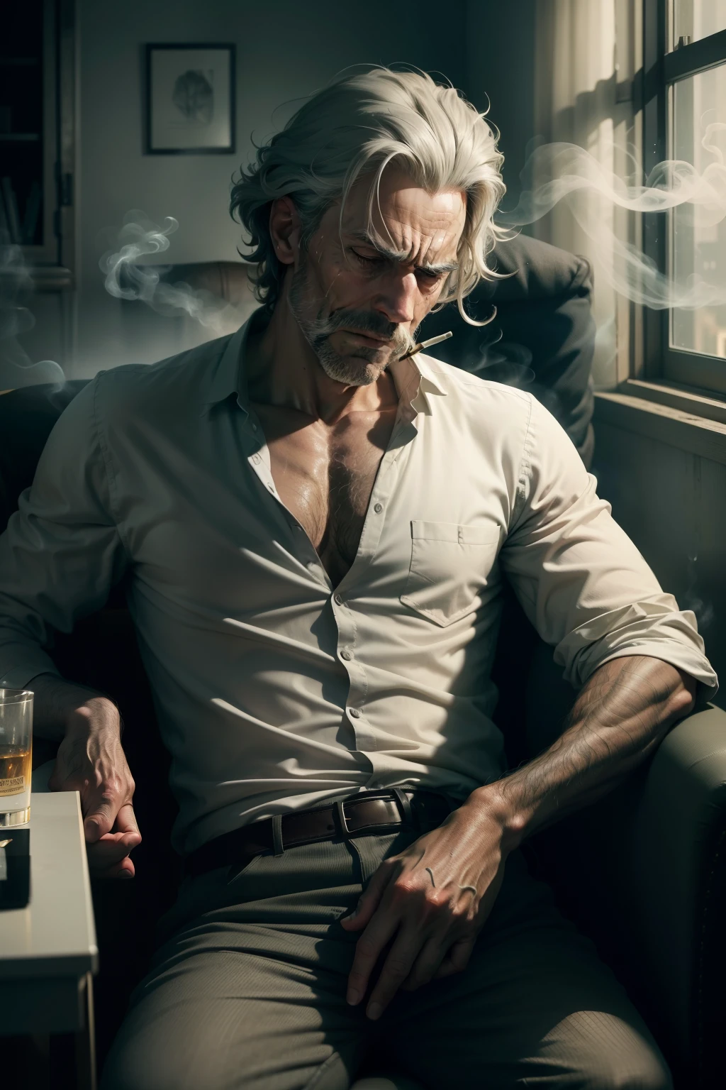 A man, depicted in striking 4K realism, slumps wearily on a worn-out armchair. His sunken eyes imply countless sleepless nights, while the lines etched deeply on his face speak volumes of his advanced age. His hands, trembling slightly, cling to a cigarette, the tip glowing ominously in the dimly lit room. A thick plume of grey smoke curls upwards, filling the air with a pungent smell. Despite his disheveled appearance, he clings to the cigarette, his expression a mixture of addiction and resignation. Every wrinkle, every vein, every bead of sweat on his forehead is rendered in crystal-clear detail,